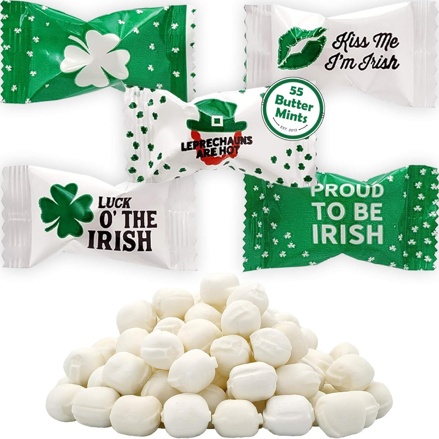 St. Patrick's Irish Buttermints, Mint Candies, After Dinner Mints, Butter Mint Candy, Green Leprauchan Design, Fat-Free, Individually Wrapped (110 Pieces)