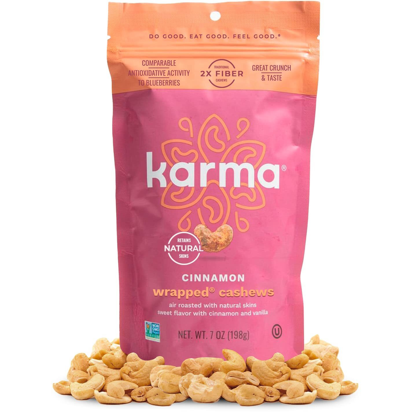 Cinnamon Wrapped Whole Cashews By Karma Nuts, Sweet & Savory, Air Roasted With Natural Skins, 2X More Fiber, Peanut-Free Facility, Kosher, Everyday Nut Snack, 7Oz Resealable Bag