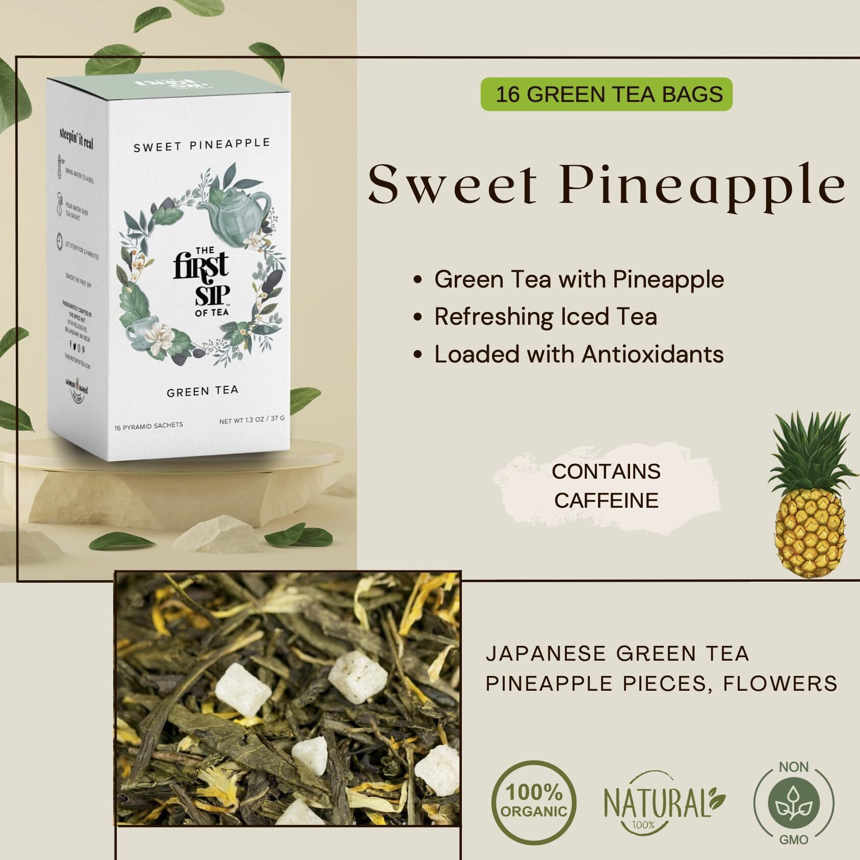 Sweet Pineapple Green Tea, Pyramid Sachet Tea Bags, Caffeinated, Antioxidants, Hot & Iced Tea - 16 Cups | The Spice Hut, First Sip Of Tea