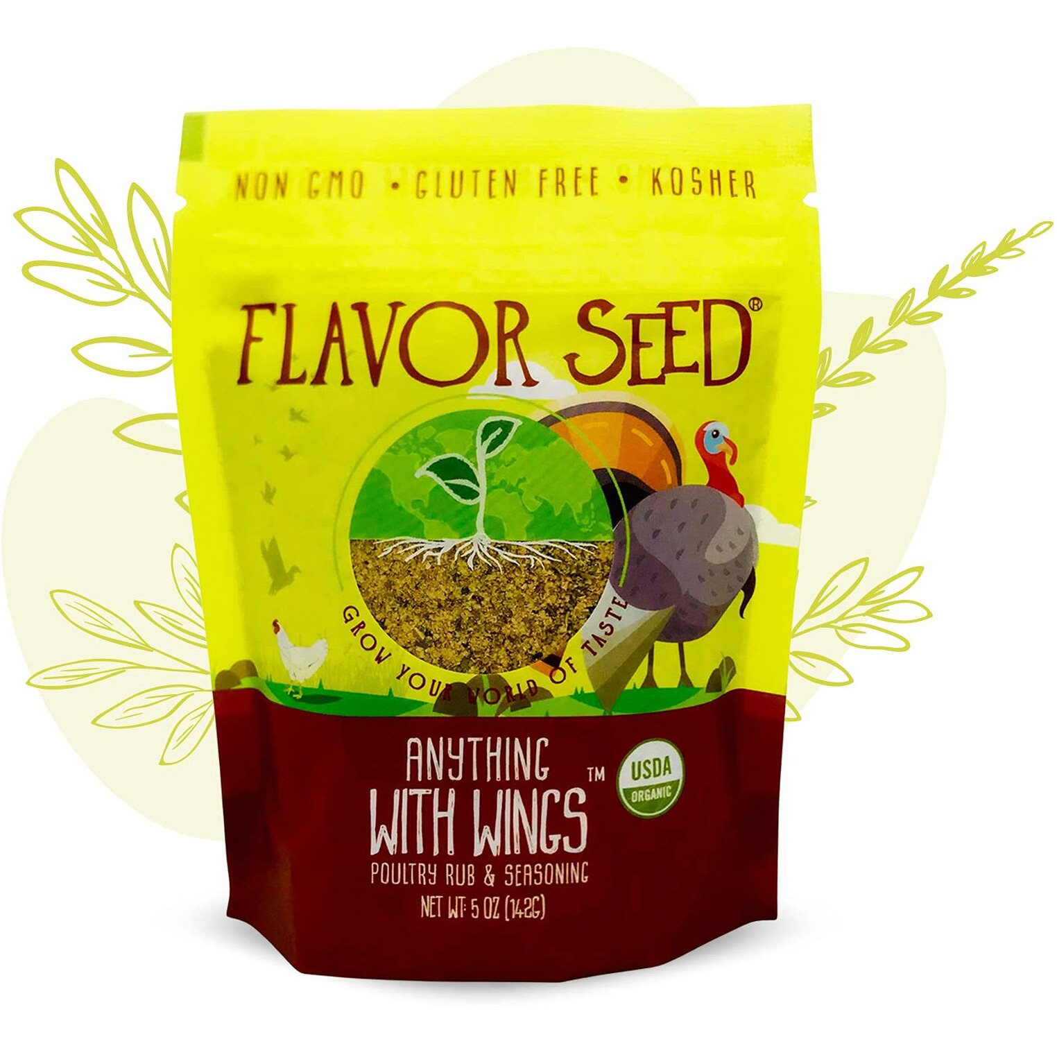 Flavor Seed Anything With Wings Organic Wing Dust Poultry Rub & Turkey Brine Mix. Chicken Wing Seasoning. Gluten Free Seasonings And Spices For Cooking. Preservative Free, Non Gmo, Keto, Paleo, Kosher, Dairy Free, Vegan. 5 Oz. Pouch