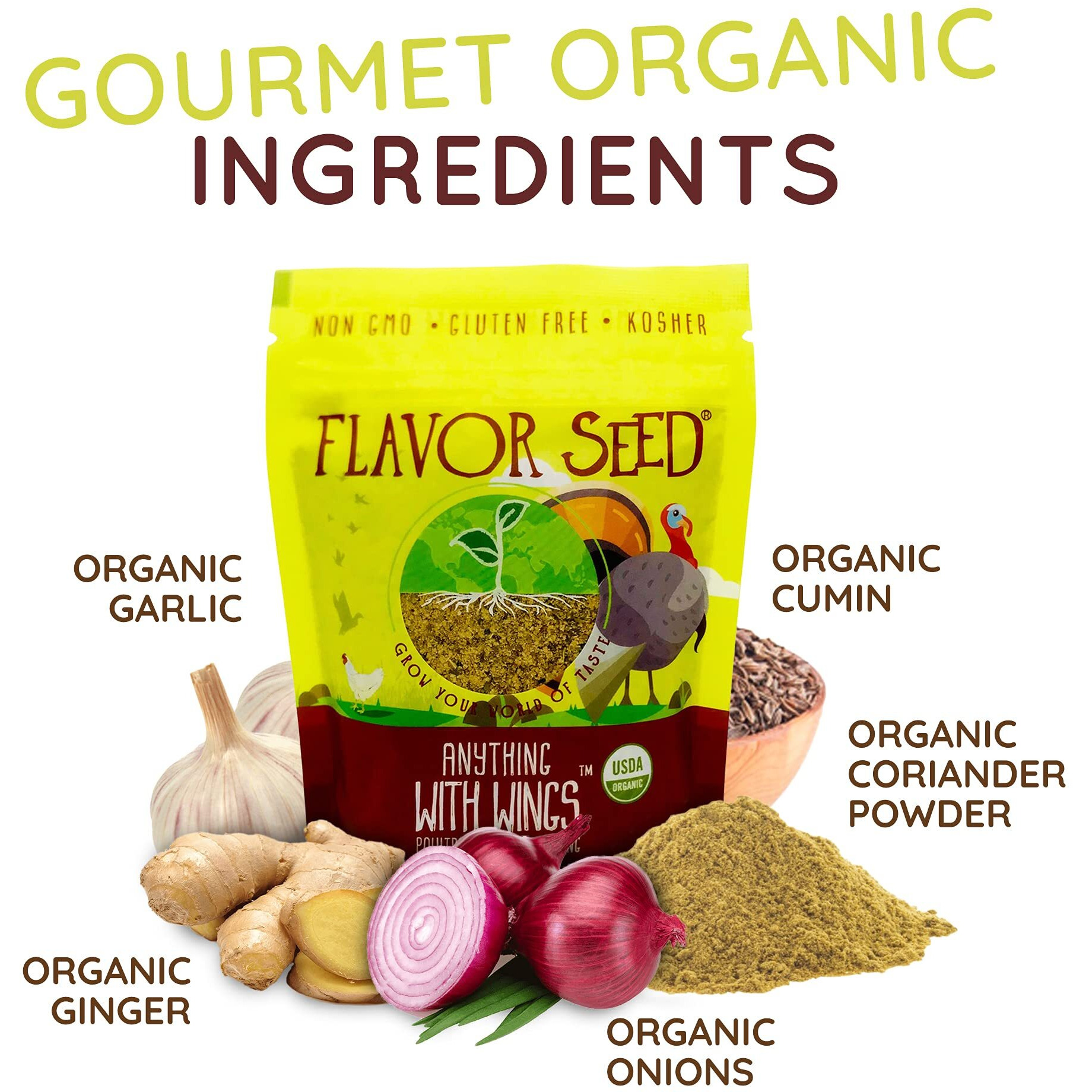 Flavor Seed Anything With Wings Organic Wing Dust Poultry Rub & Turkey Brine Mix. Chicken Wing Seasoning. Gluten Free Seasonings And Spices For Cooking. Preservative Free, Non Gmo, Keto, Paleo, Kosher, Dairy Free, Vegan. 5 Oz. Pouch
