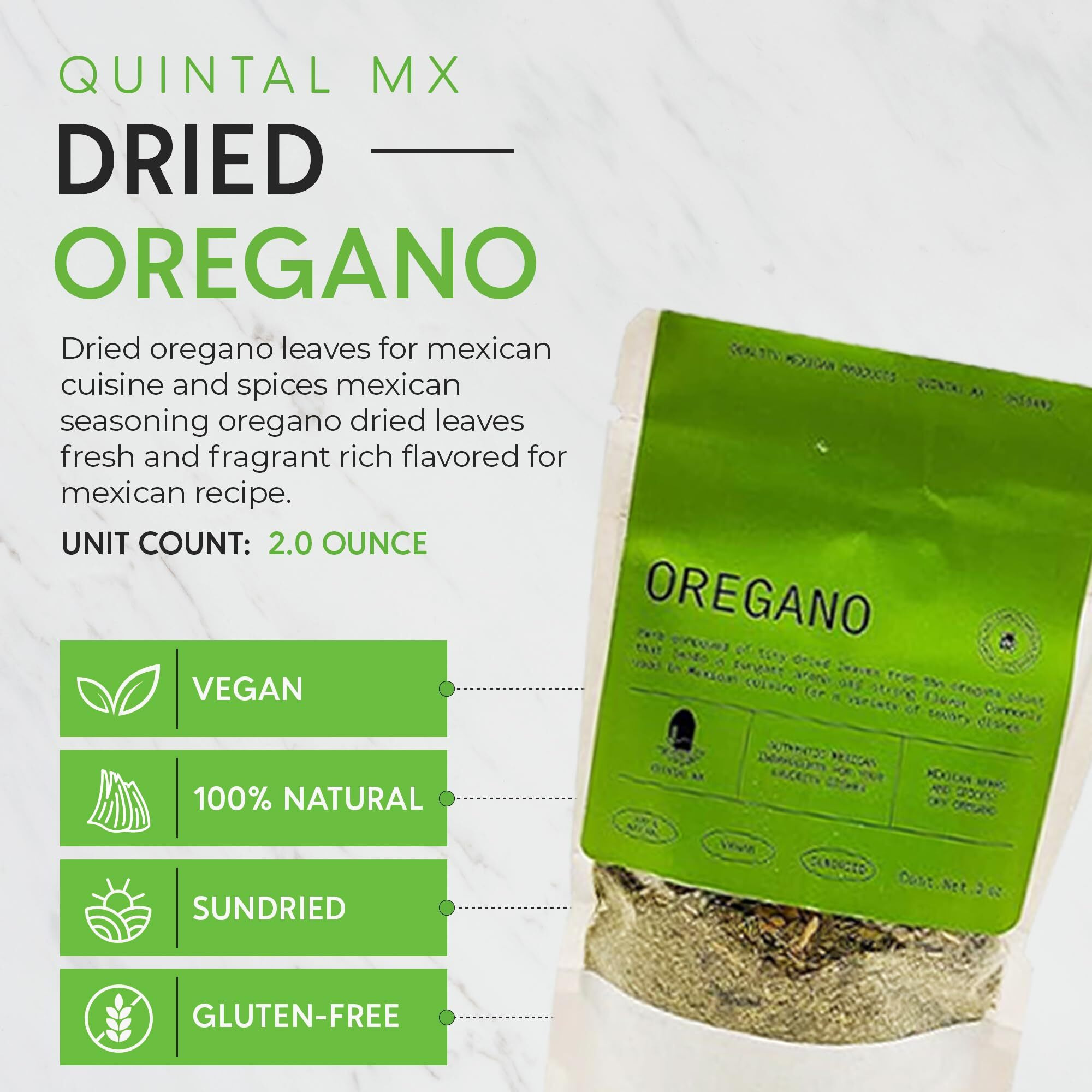 Quintal Mx Mexican Natural Oregano Leaves (2 Oz) - Dried Oregano Leaves For Mexican Cuisine & Spices - Mexican Seasoning Oregano Dried Leaves - Fresh And Fragrant - Rich Flavored For Mexican Recipe