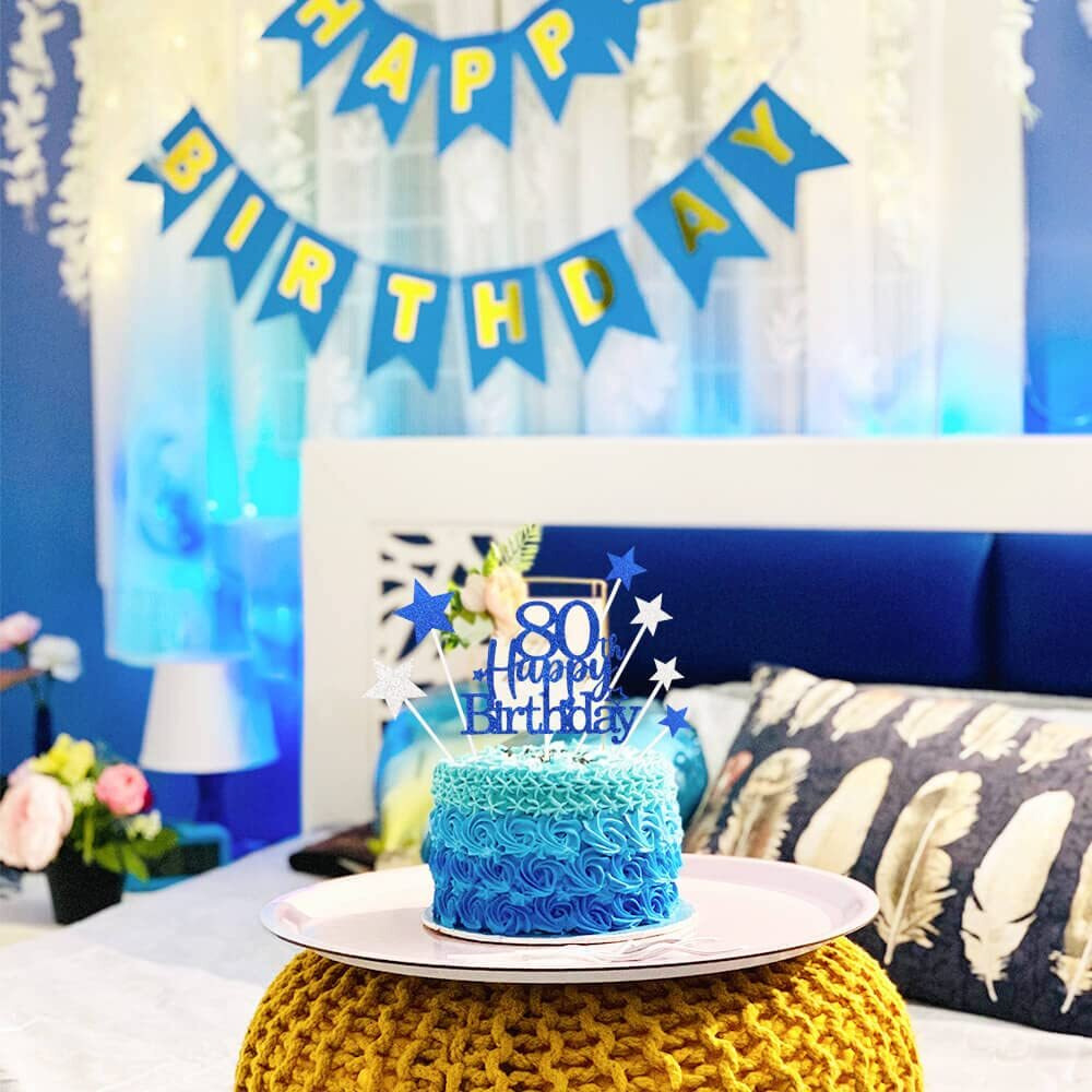 Pargleev Glittery 80Th Happy Birthday Cake Topper With Star,Personalised 80 Birthday Cake Toppers Party Decorations Party Supplies For Men Women Blue