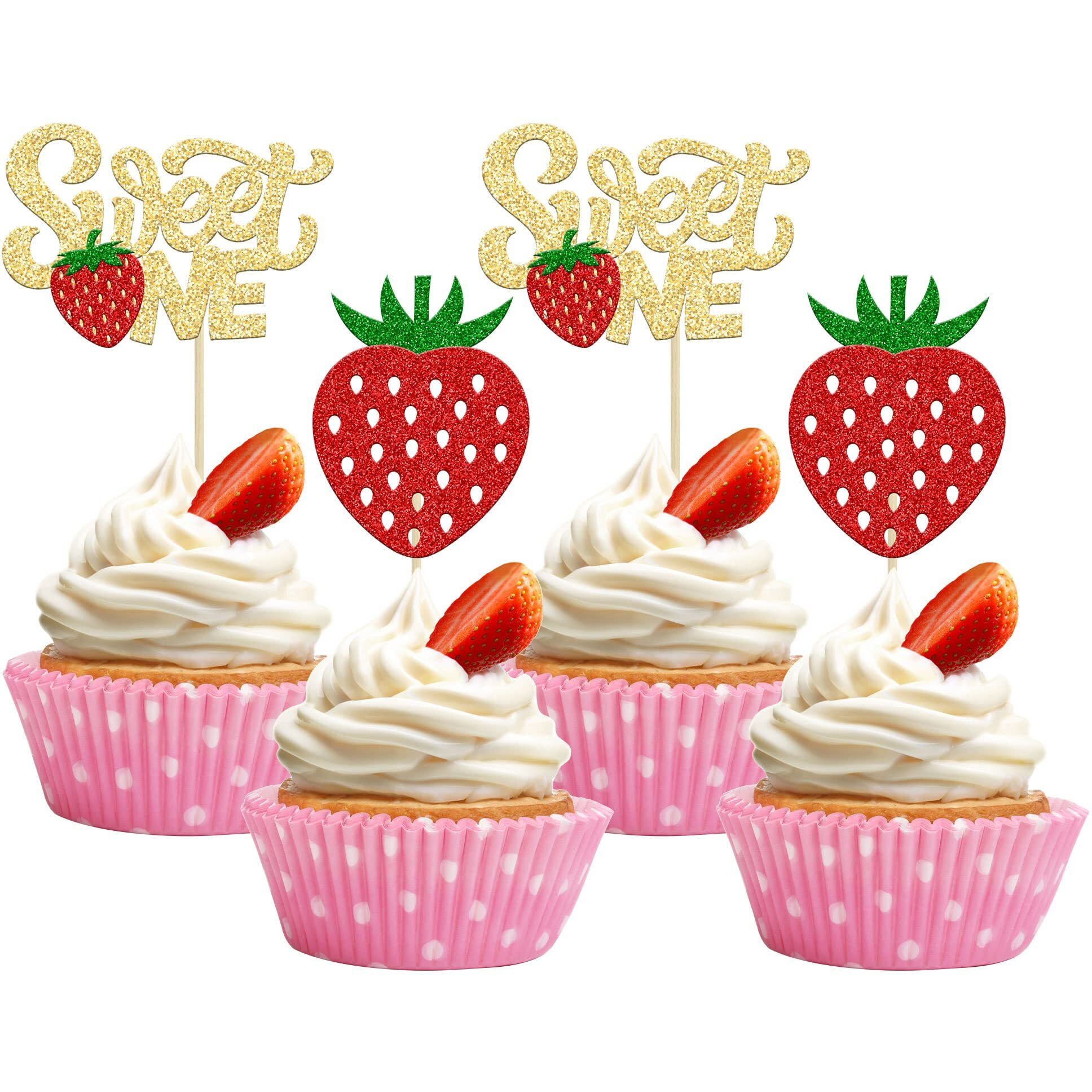 24Pcs Strawberry Sweet One Cupcake Toppers Glitter First Birthday Strawberry Cupcake Picks For Fruit Theme Baby Shower Kids 1St Birthday Anniversary Party Cake Decorations Supplies