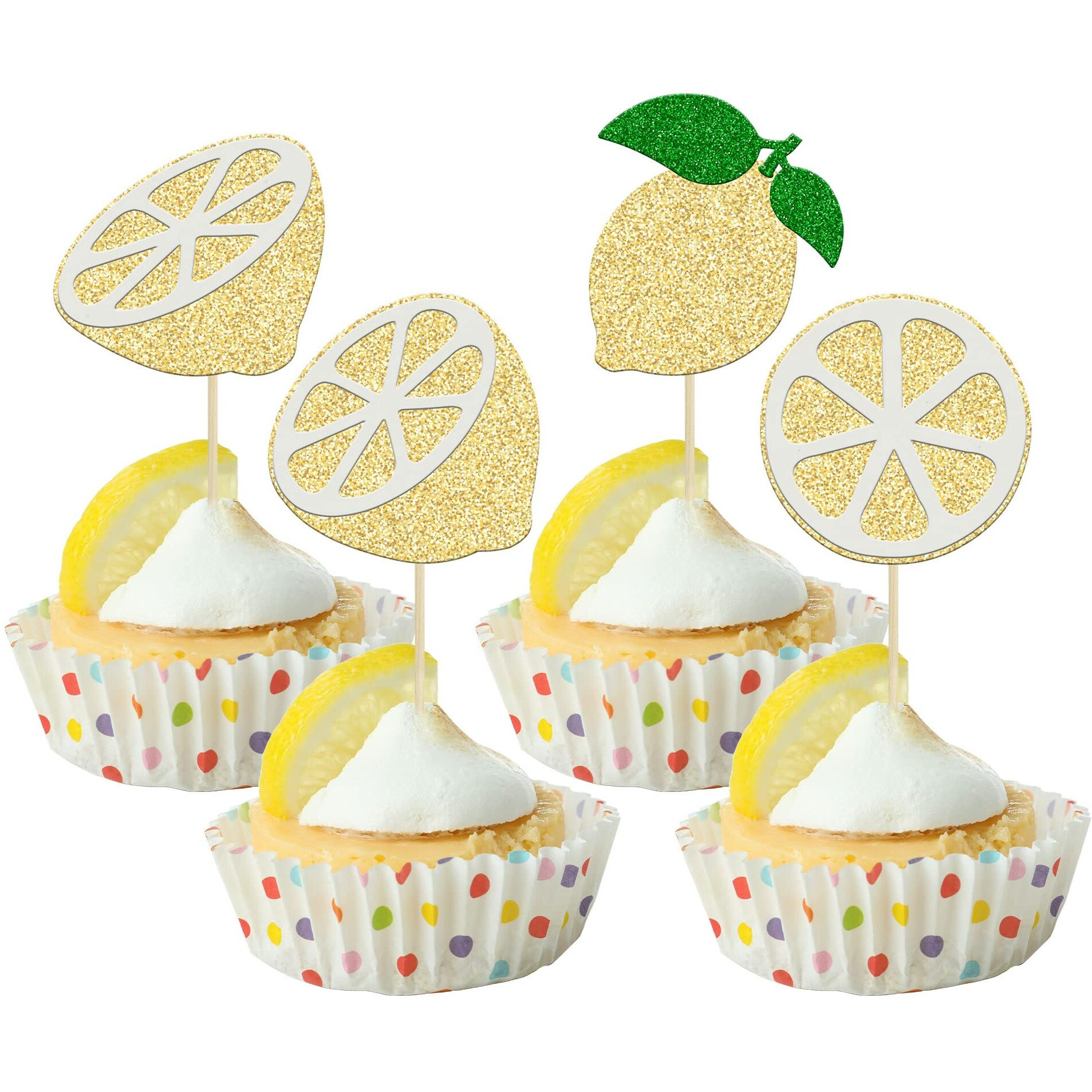24Pcs Lemon Cupcake Toppers Glitter Flower Ring Fruit Bridal Shower Cupcake Picks For Lemonade Engagament Party Baby Shower Birthday Party Cake Decorations Supplies