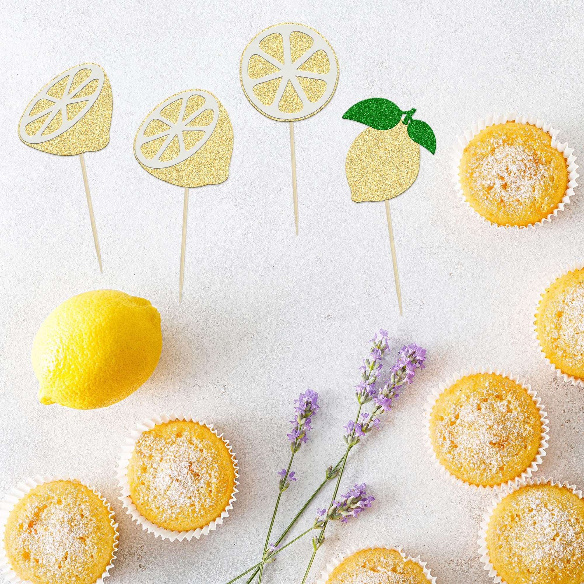 24Pcs Lemon Cupcake Toppers Glitter Flower Ring Fruit Bridal Shower Cupcake Picks For Lemonade Engagament Party Baby Shower Birthday Party Cake Decorations Supplies