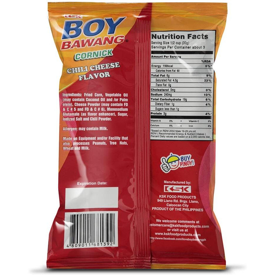 Boy Bawang Cornick, Chili Cheese - Crispy Tasty & Gluten-Free Corn Nuts 3.54 Ounces (100G), 3 Pack