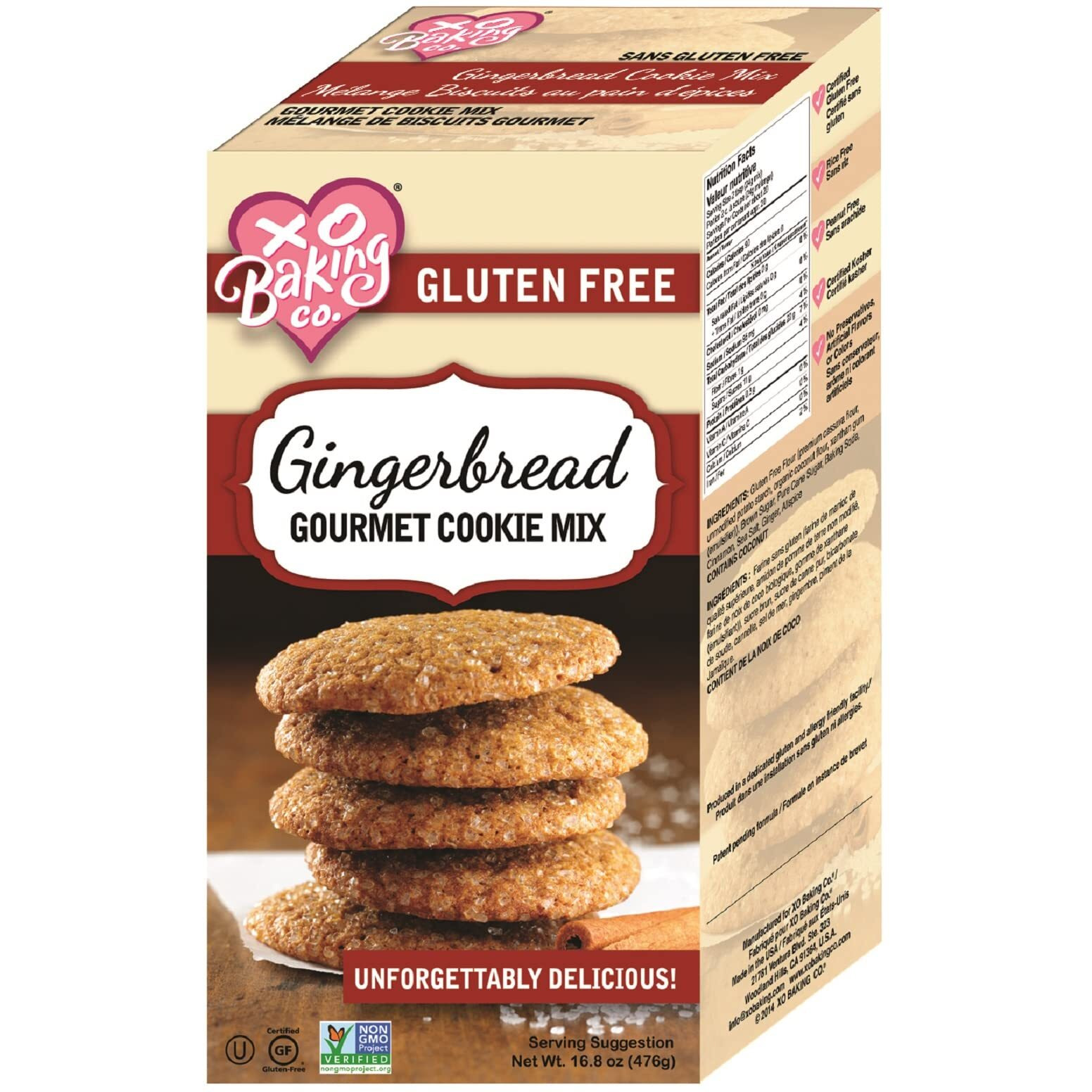 Xo Baking Co. Gluten Free Gingerbread Gourmet Cookie Mix Non-Gmo Kosher Rice Free Dairy Free Soy Free Peanut Free No Preservatives No Artificial Flavors Or Colors, 16.8Oz