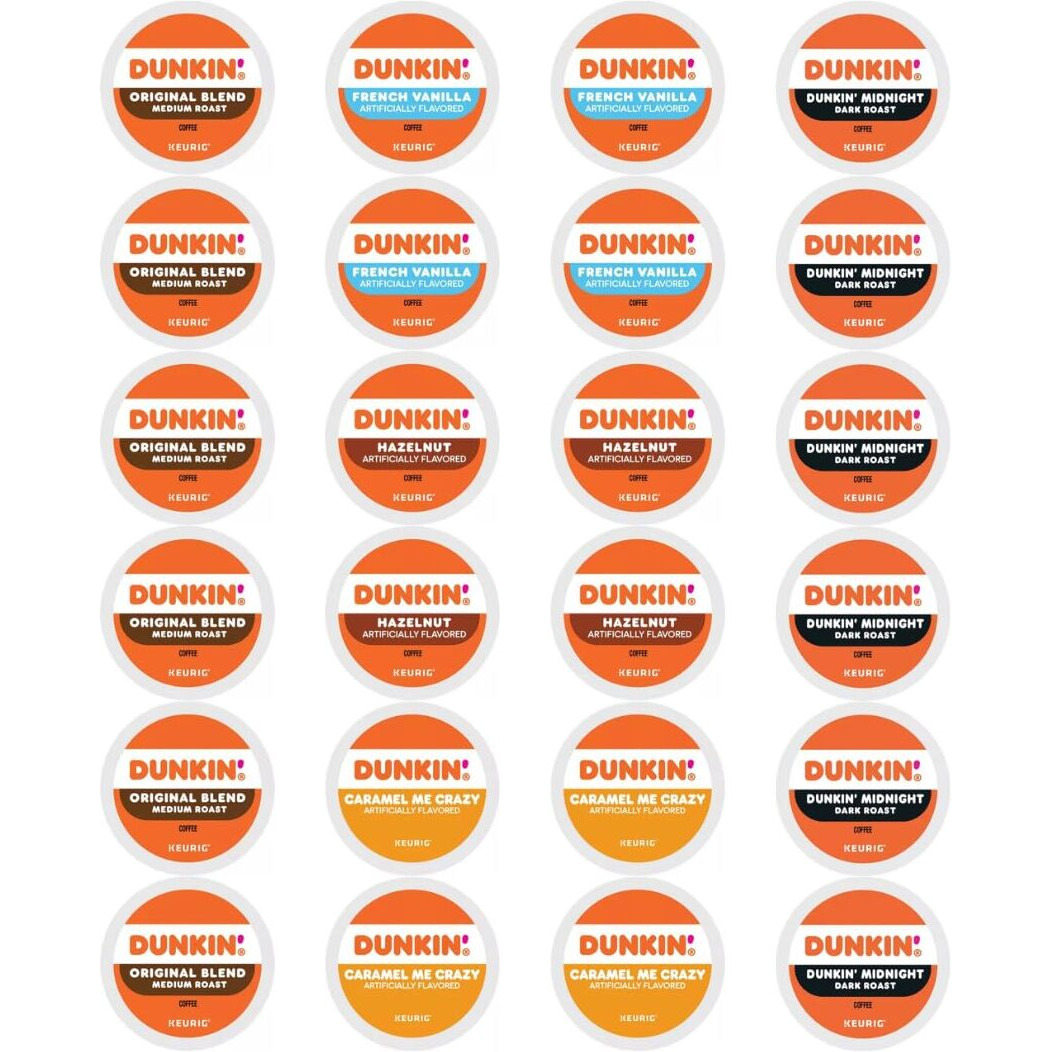 Variety Pack Sampler Of Dunkin Donuts K-Cups Coffee Pods-Original, Dark, Caramel, Hazelnut & French Vanilla Coffee-For Keurig Brewers- (24 Count)
