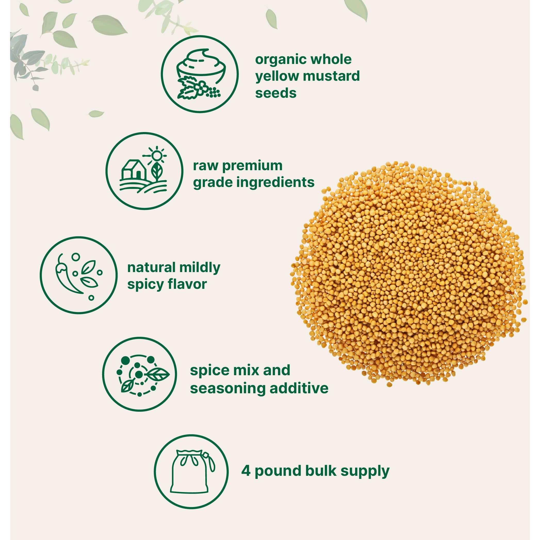 Organic Whole Yellow Mustard Seed, 4Lbs (64Oz) | Premium Grade Seeds | Mild Spicy Raw Flavor | Great For Pickling, Culinary Spice, & Seasoning Mix | Non-Gmo, Bulk Supply