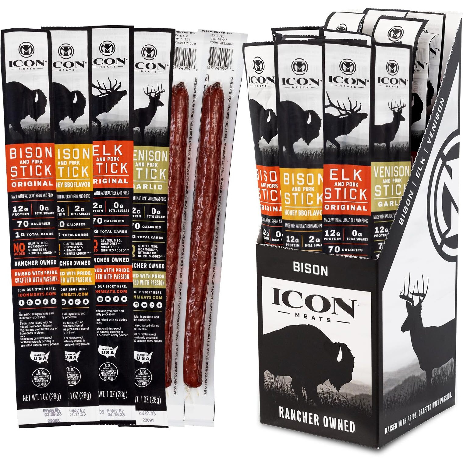 Icon Meats Snack Sticks Sampler - Assorted Flavors Of Bison, Elk, Venison And Pork Jerky Sticks - 24 Pack Of Individually Wrapped Meat Sticks, 6 Per Flavor - Usda Approved, All Natural Artisan Meats