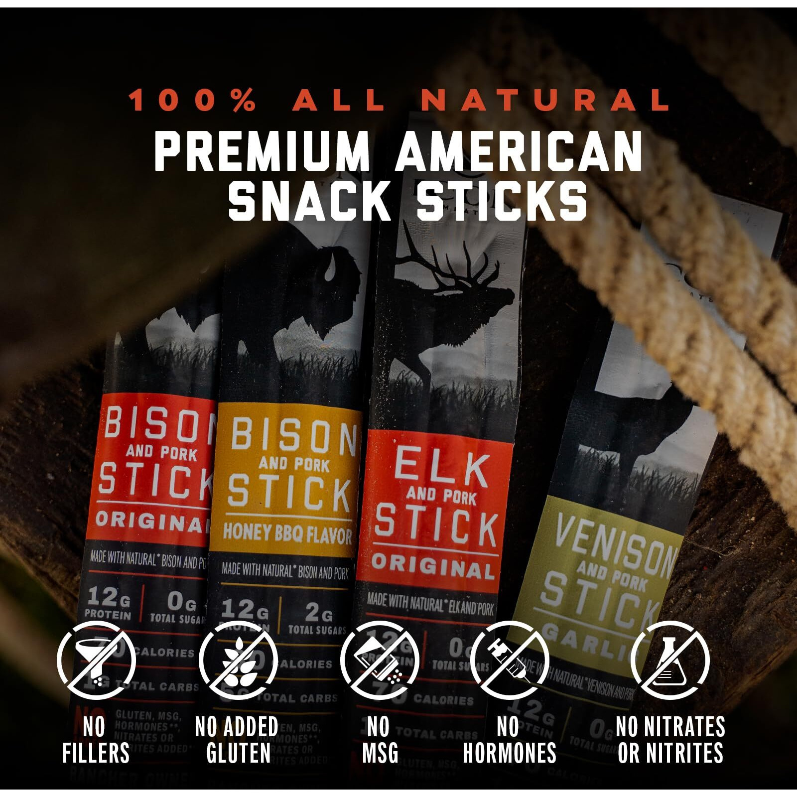 Icon Meats Snack Sticks Sampler - Assorted Flavors Of Bison, Elk, Venison And Pork Jerky Sticks - 24 Pack Of Individually Wrapped Meat Sticks, 6 Per Flavor - Usda Approved, All Natural Artisan Meats