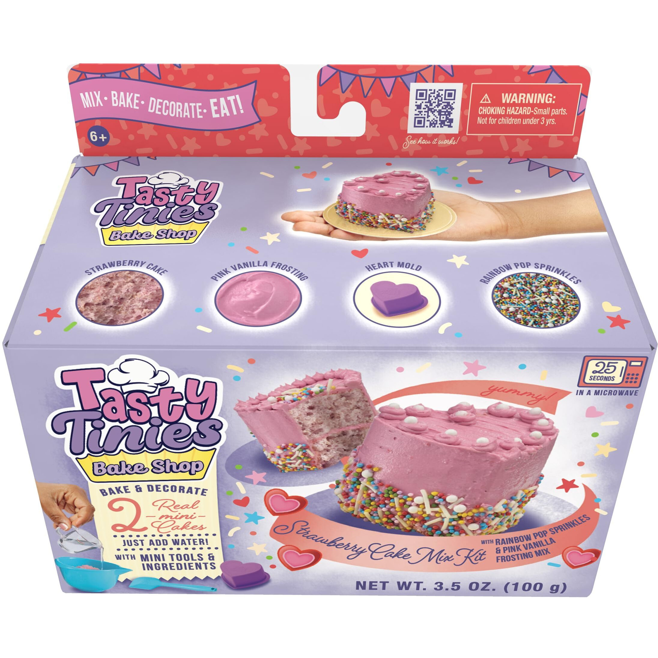 Goliath Tasty Tinies Bake Shop Strawberry Cake Mix Kit With Rainbow Pop Sprinkles And Pink Vanilla Frosting Mix | Bake & Decorate 2 Real Mini Cakes | Includes Mini Tools & Ingredients | Ages 6+