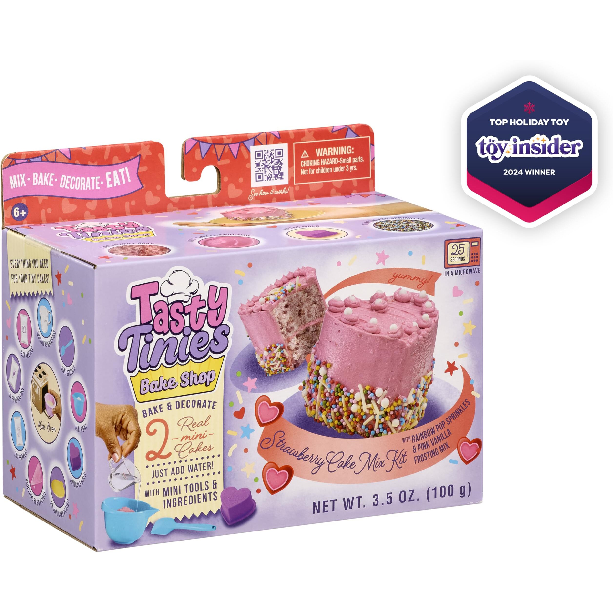 Goliath Tasty Tinies Bake Shop Strawberry Cake Mix Kit With Rainbow Pop Sprinkles And Pink Vanilla Frosting Mix | Bake & Decorate 2 Real Mini Cakes | Includes Mini Tools & Ingredients | Ages 6+