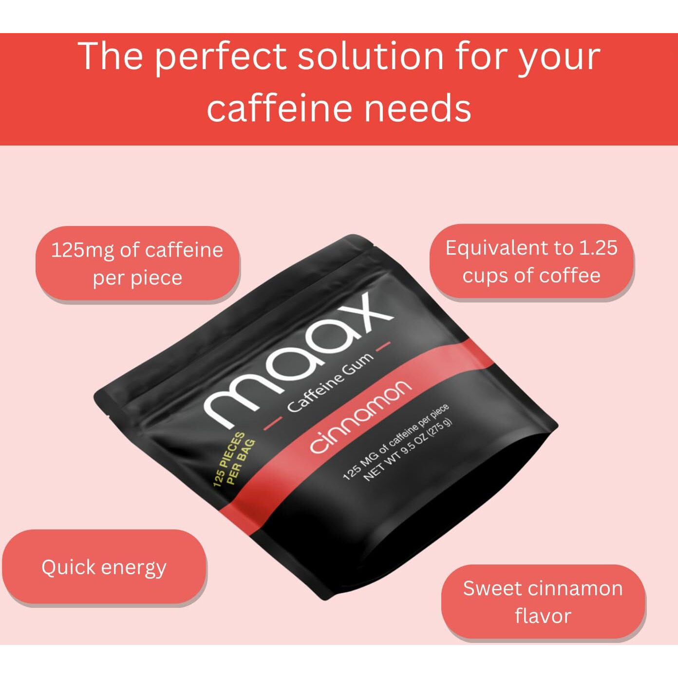Maax Caffeine Energy Gum | 125Mg Of Caffeine Per Piece | Cinnamon | 125 Total Pieces Per Bag | Focus Supplement