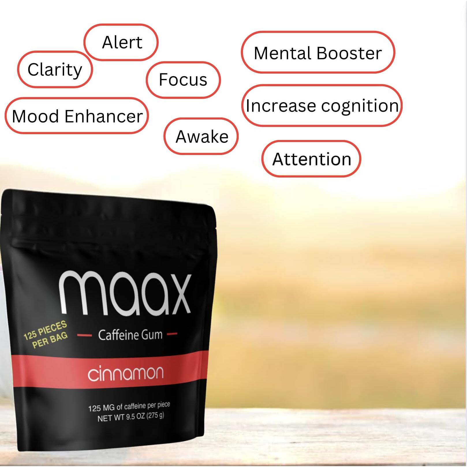 Maax Caffeine Energy Gum | 125Mg Of Caffeine Per Piece | Cinnamon | 125 Total Pieces Per Bag | Focus Supplement