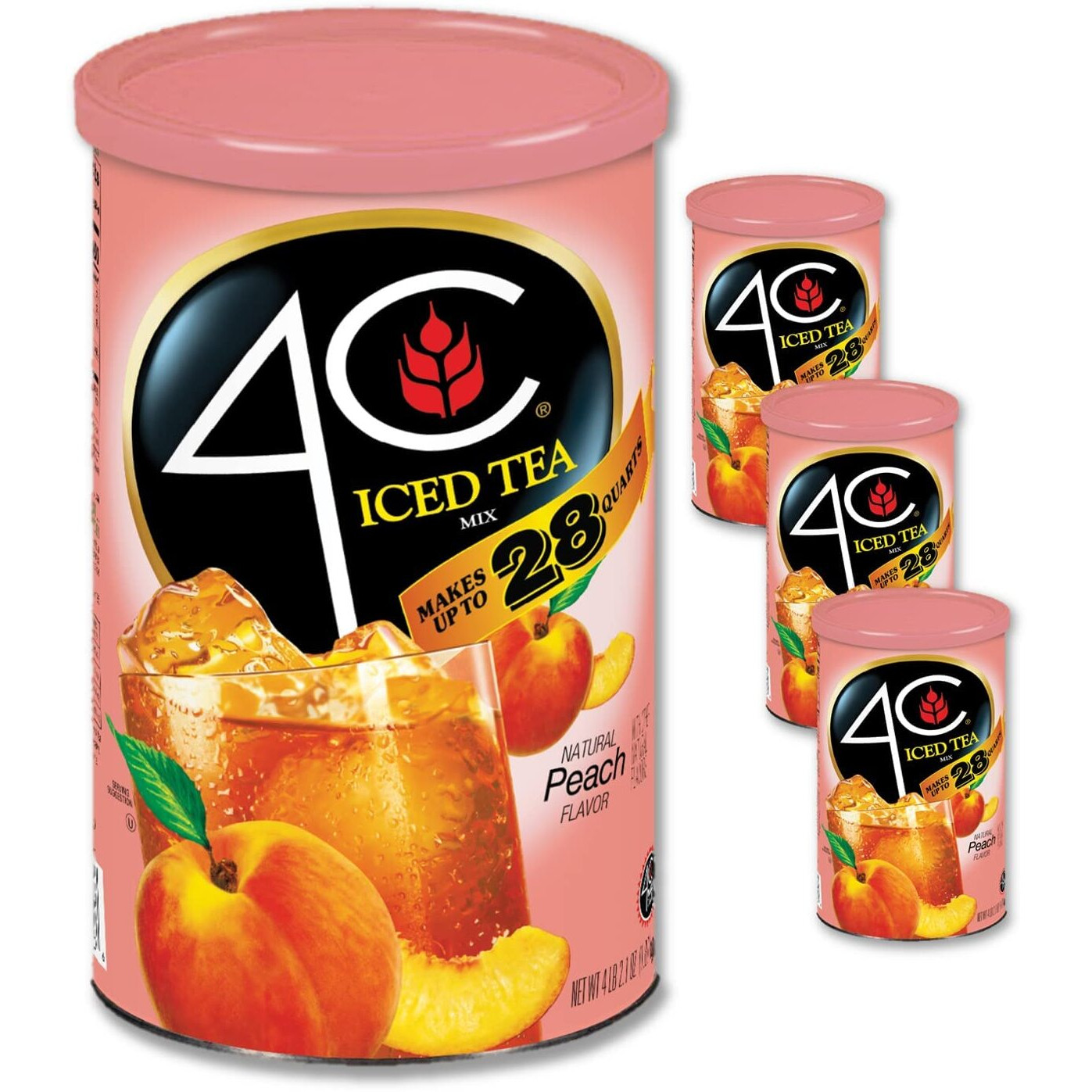 4C Powdered Drink Mix Cannisters, Peach Tea 3 Pack, 28 Quarts, Family Sized Cannister, Thirst Quenching & Refreshing Flavors