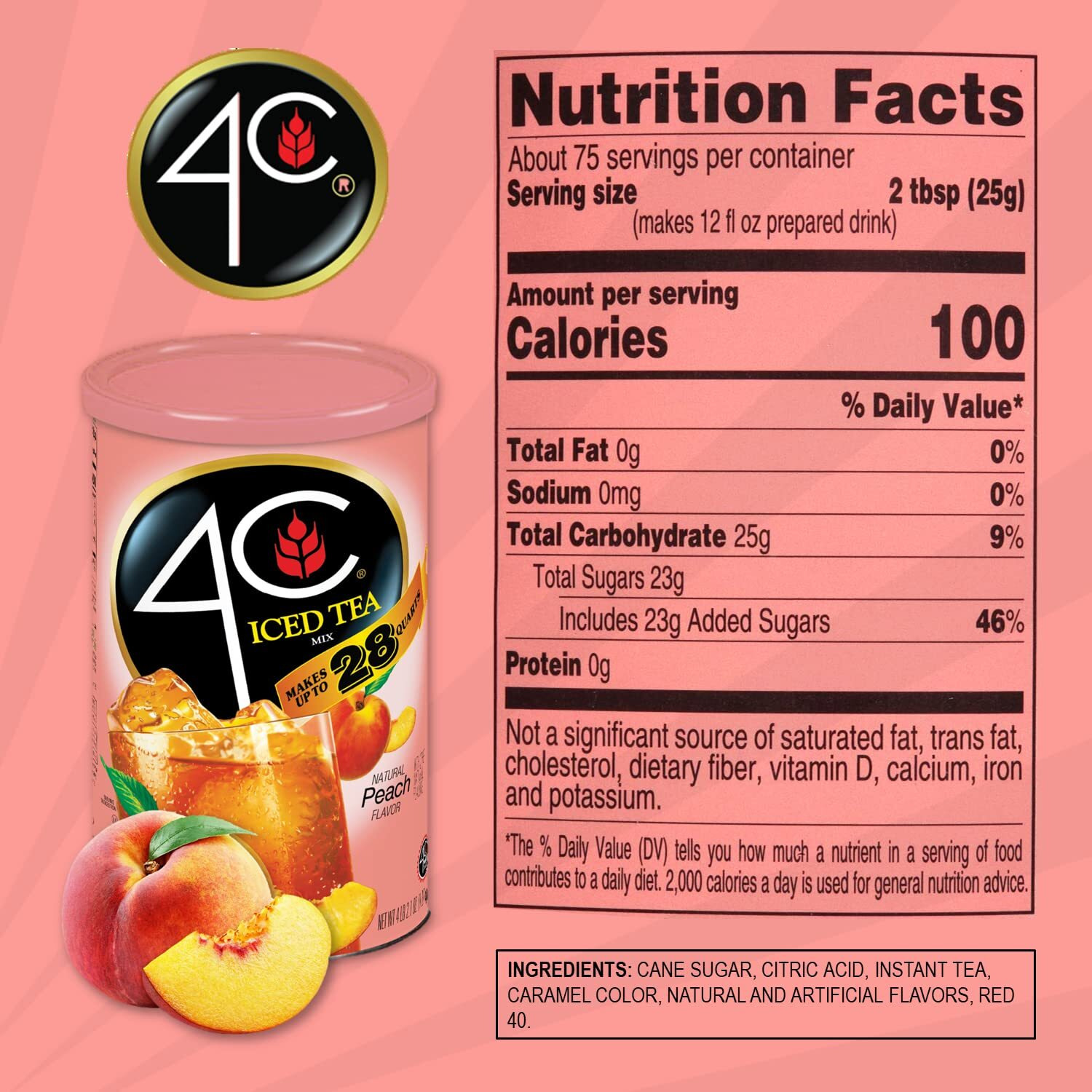 4C Powdered Drink Mix Cannisters, Peach Tea 3 Pack, 28 Quarts, Family Sized Cannister, Thirst Quenching & Refreshing Flavors