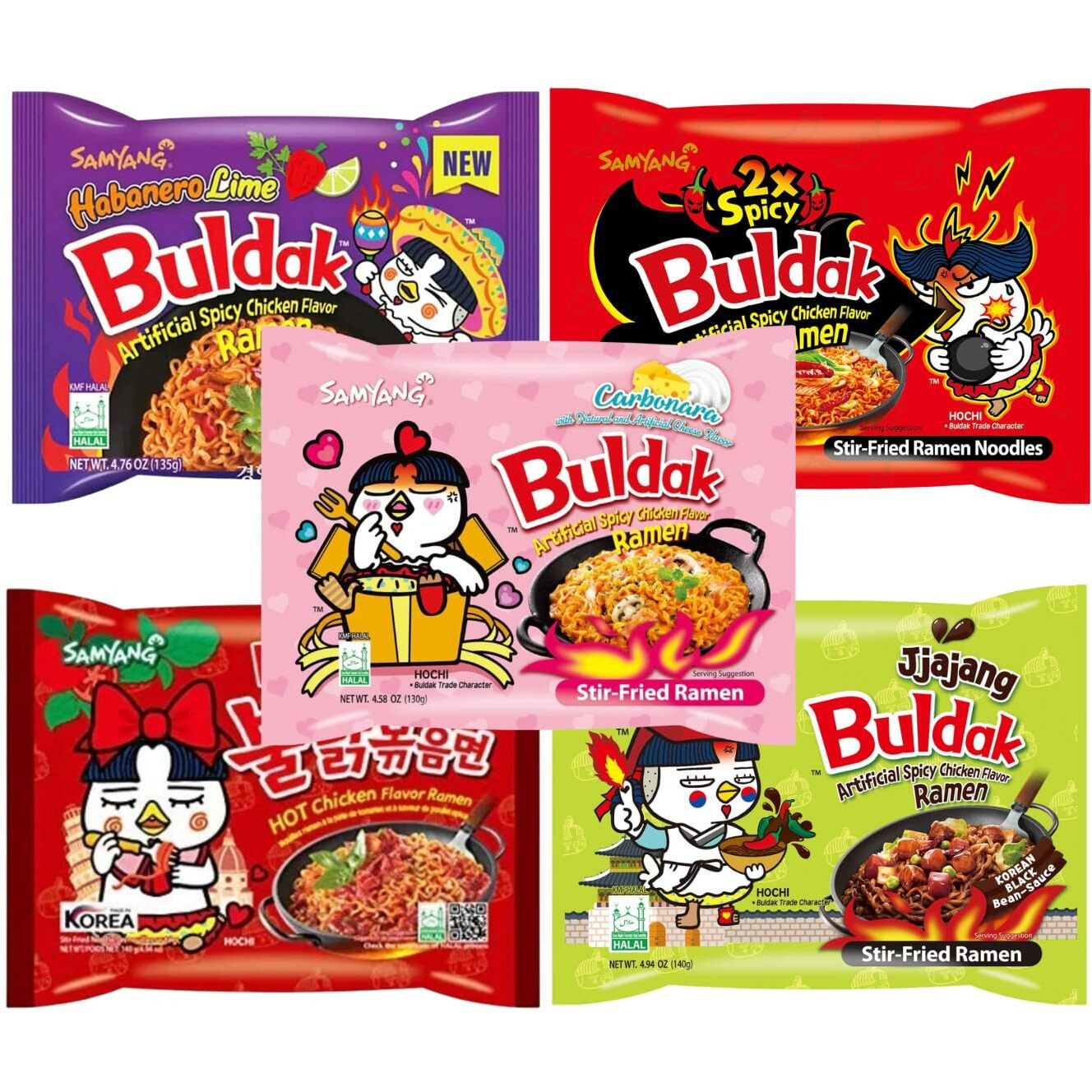 Samyang Buldak Hot Spicy Chicken Ramen Noodle Korean Stir-Fried Ramen, Carbonara & Habanero Lime Flavor, 5 Pack For Each Flavor (5, Carbonara, Tomato Pasta, Jjajang, X2 Spicy, Habanero Lime)
