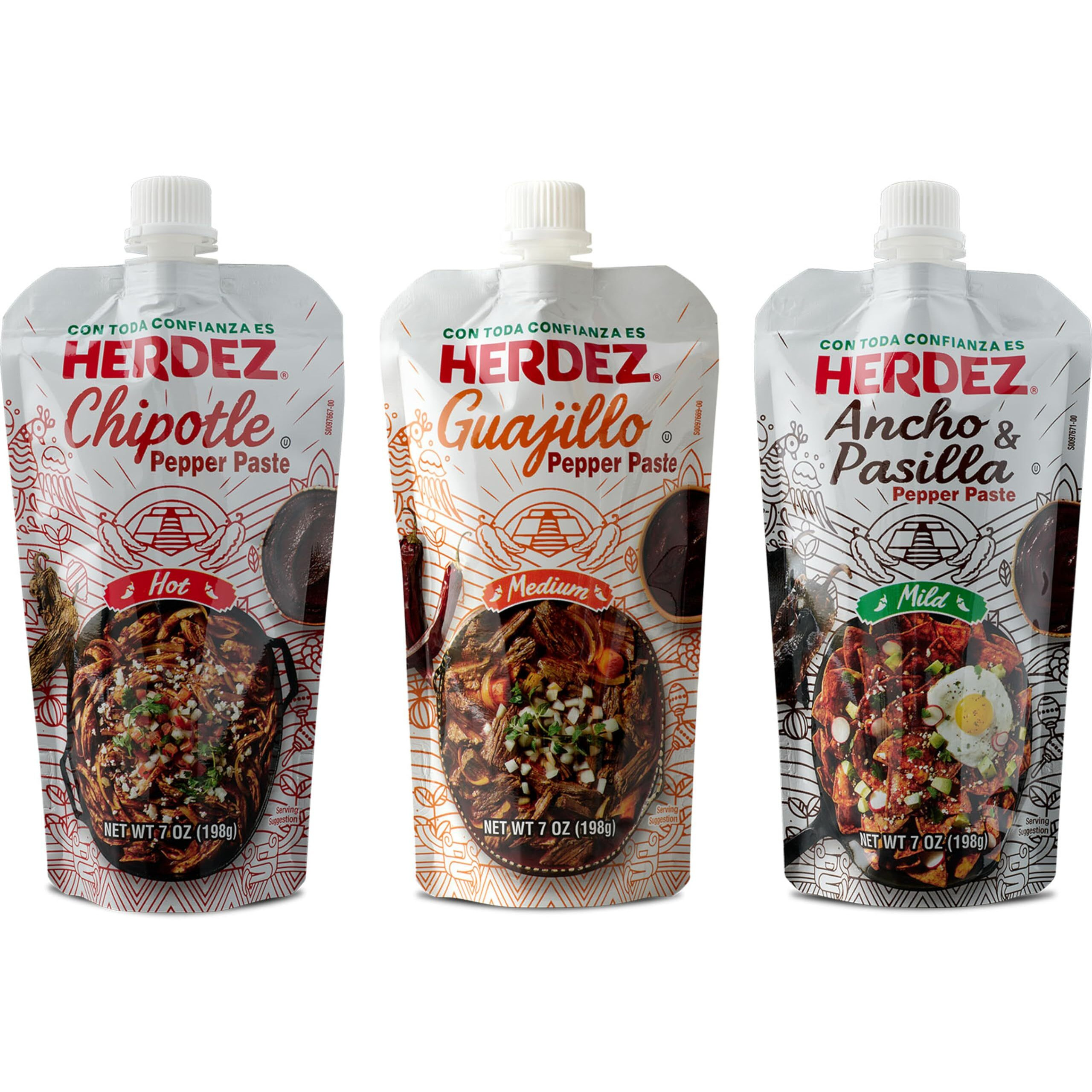 Herdez Pepper Paste Trio - Chipotle (Hot), Guajillo (Medium), Ancho And Pasilla (Mild) - Squeeze Pouch With Easy Close Twist Cap - 7Oz Squeeze Pouch - Dried Chile Pepper Alternative