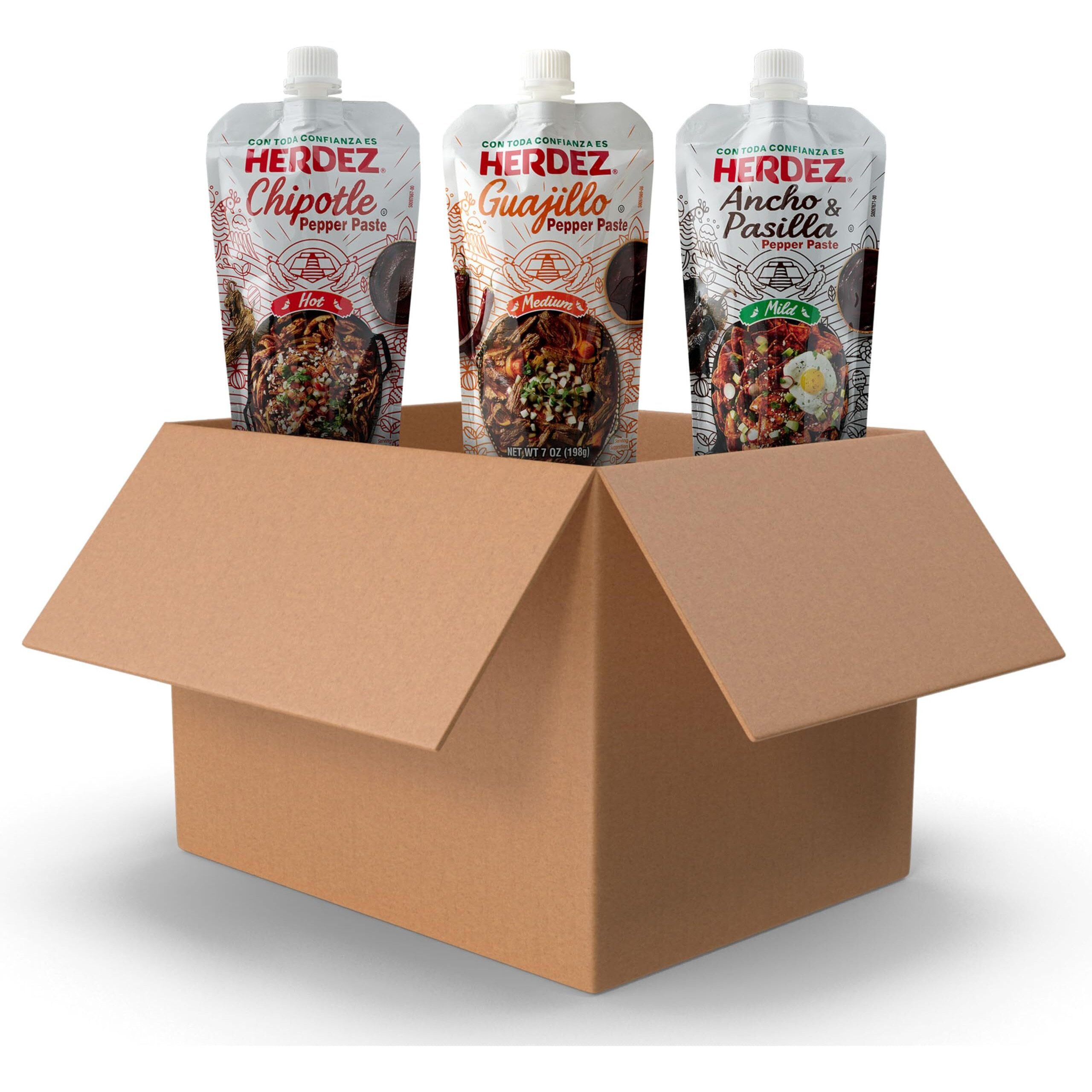 Herdez Pepper Paste Trio - Chipotle (Hot), Guajillo (Medium), Ancho And Pasilla (Mild) - Squeeze Pouch With Easy Close Twist Cap - 7Oz Squeeze Pouch - Dried Chile Pepper Alternative