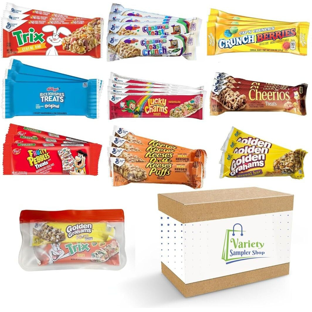 Cereal Bars Variety Pack Breakfast Food Snack Box 30 Individually Wrapped Granola Bars Lucky Charms, Cinnamon Toast Crunch, Golden Grahams, Peanut Butter Puffs And Reusable Bag