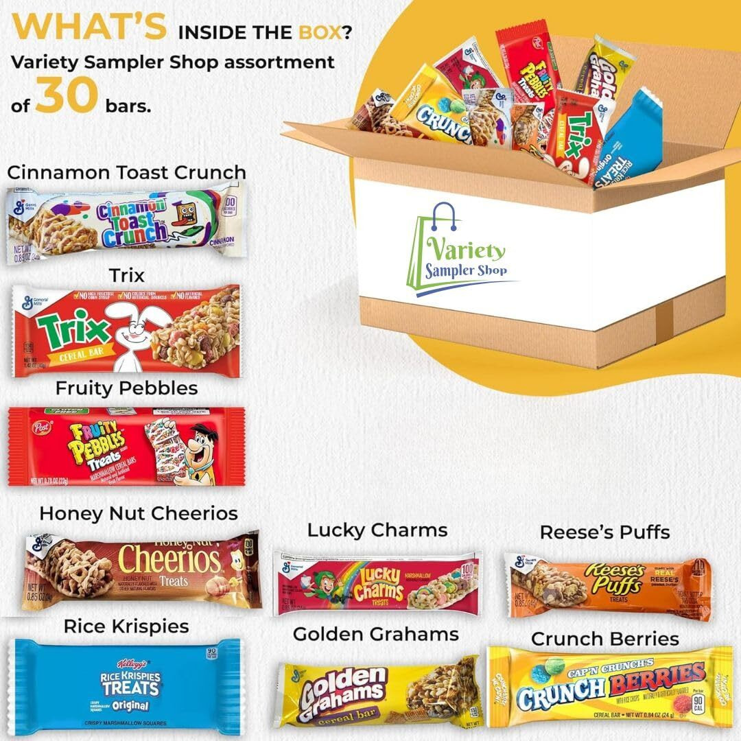 Cereal Bars Variety Pack Breakfast Food Snack Box 30 Individually Wrapped Granola Bars Lucky Charms, Cinnamon Toast Crunch, Golden Grahams, Peanut Butter Puffs And Reusable Bag