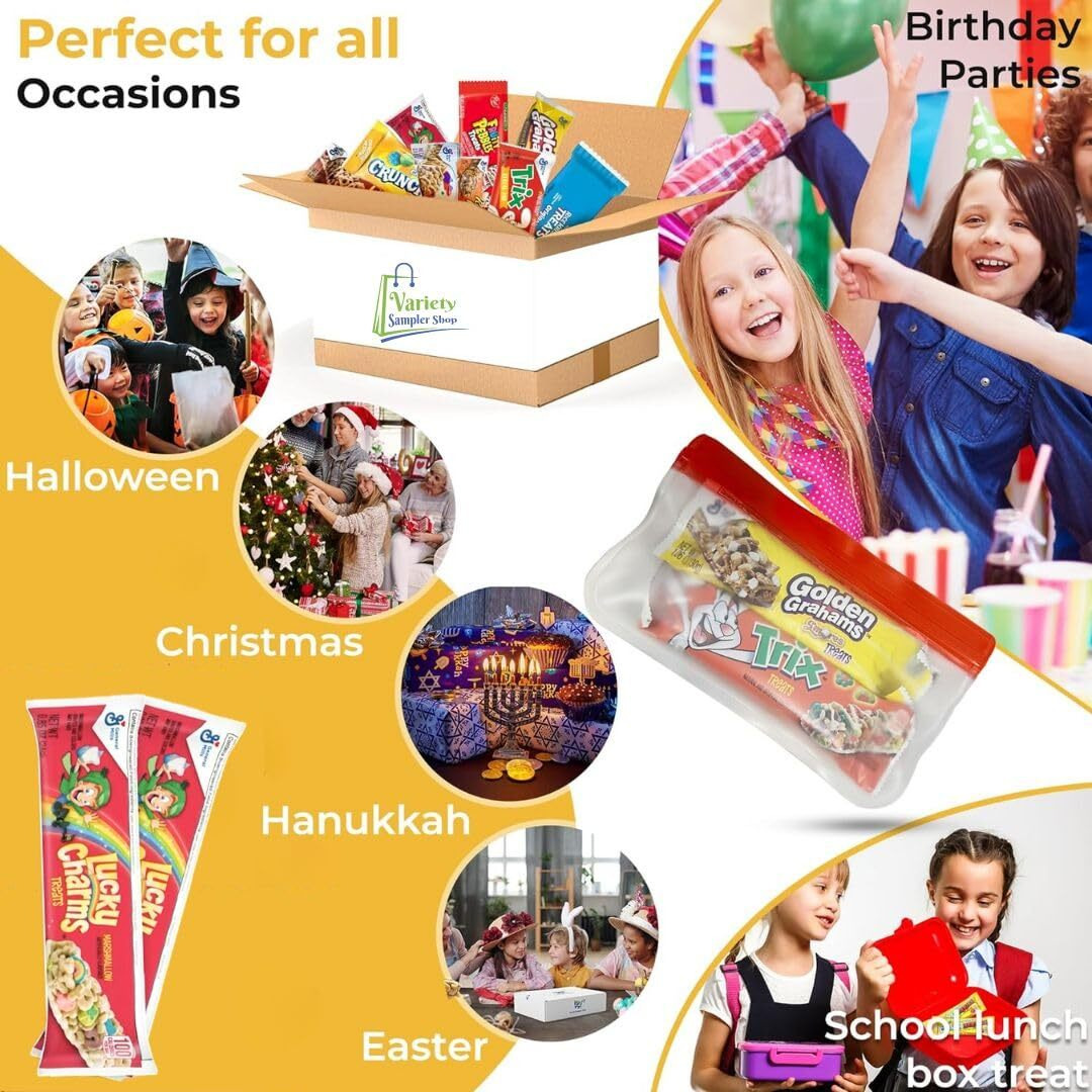 Cereal Bars Variety Pack Breakfast Food Snack Box 30 Individually Wrapped Granola Bars Lucky Charms, Cinnamon Toast Crunch, Golden Grahams, Peanut Butter Puffs And Reusable Bag