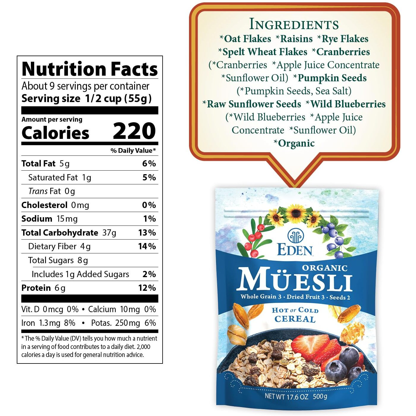 Eden Organic Muesli Cereal, Eat Hot Or Cold, Oat, Rye, Wheat, And Spelt Flakes, Raisins, Cranberries, Wild Blueberries, Pumpkin And Sunflower Seeds, Overnight Oats, No Added Sugars, 17.6 Oz