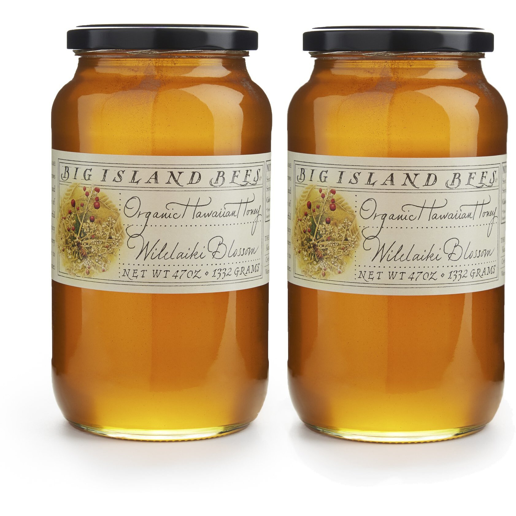2-Pack Of Big Island Bees Wilelaiki Honey (Hawaiian Christmas Berry), Organic Raw Hawaiian Honey - (Two Large 47 Oz Glass Jars)