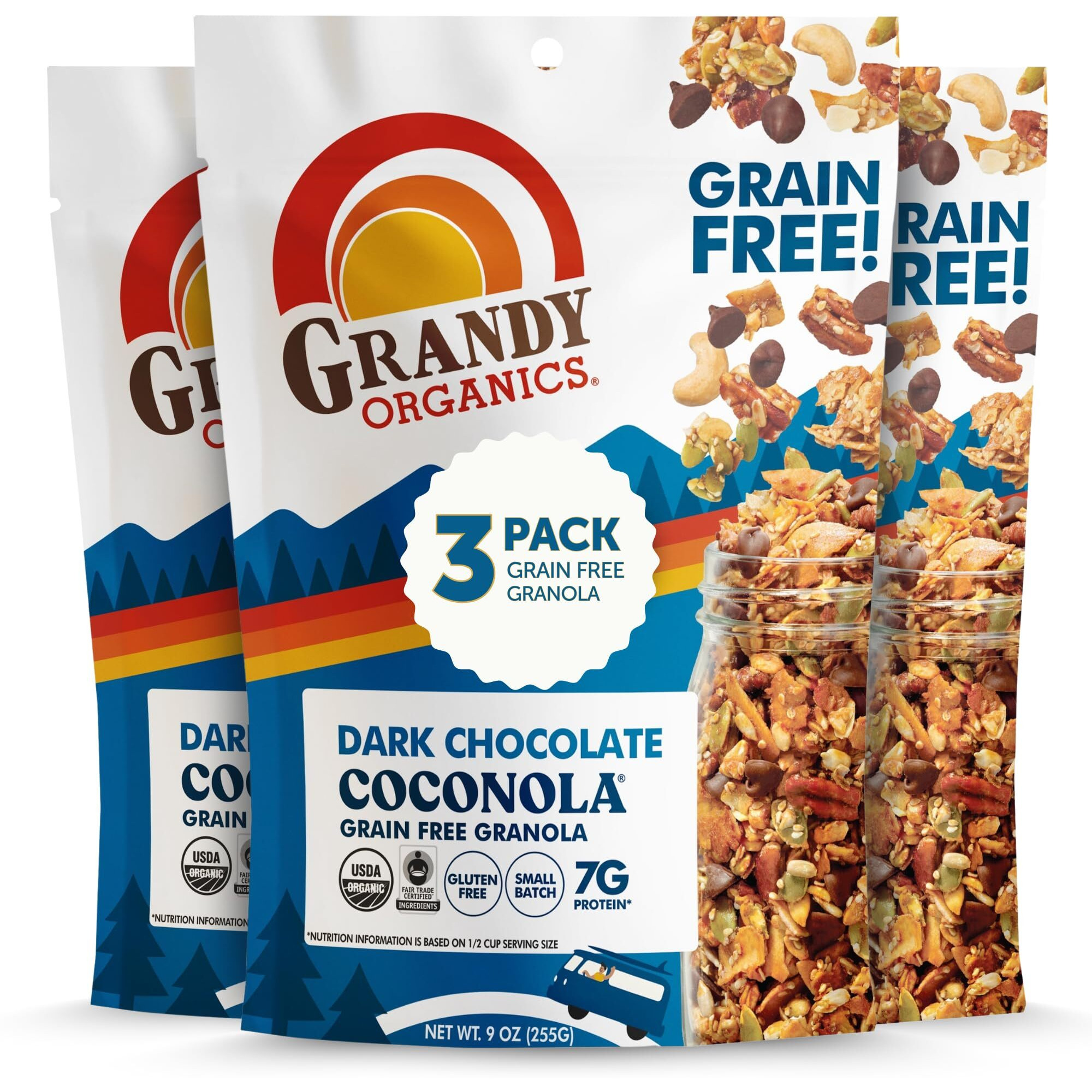 Grandy Organics Dark Chocolate Coconola Granola, Certified Organic Gluten Free Granola, Grain Free Granola, Chocolate Flavored Coconola, Kosher Certified, Paleo Friendly, 9Oz Each, Pack Of 3