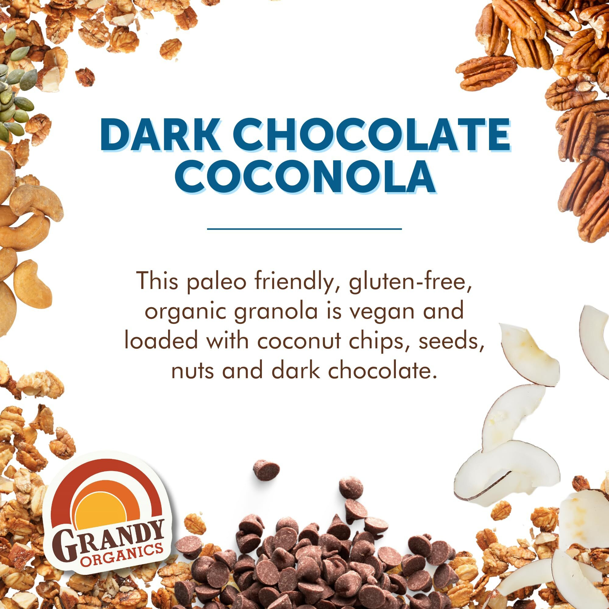 Grandy Organics Dark Chocolate Coconola Granola, Certified Organic Gluten Free Granola, Grain Free Granola, Chocolate Flavored Coconola, Kosher Certified, Paleo Friendly, 9Oz Each, Pack Of 3
