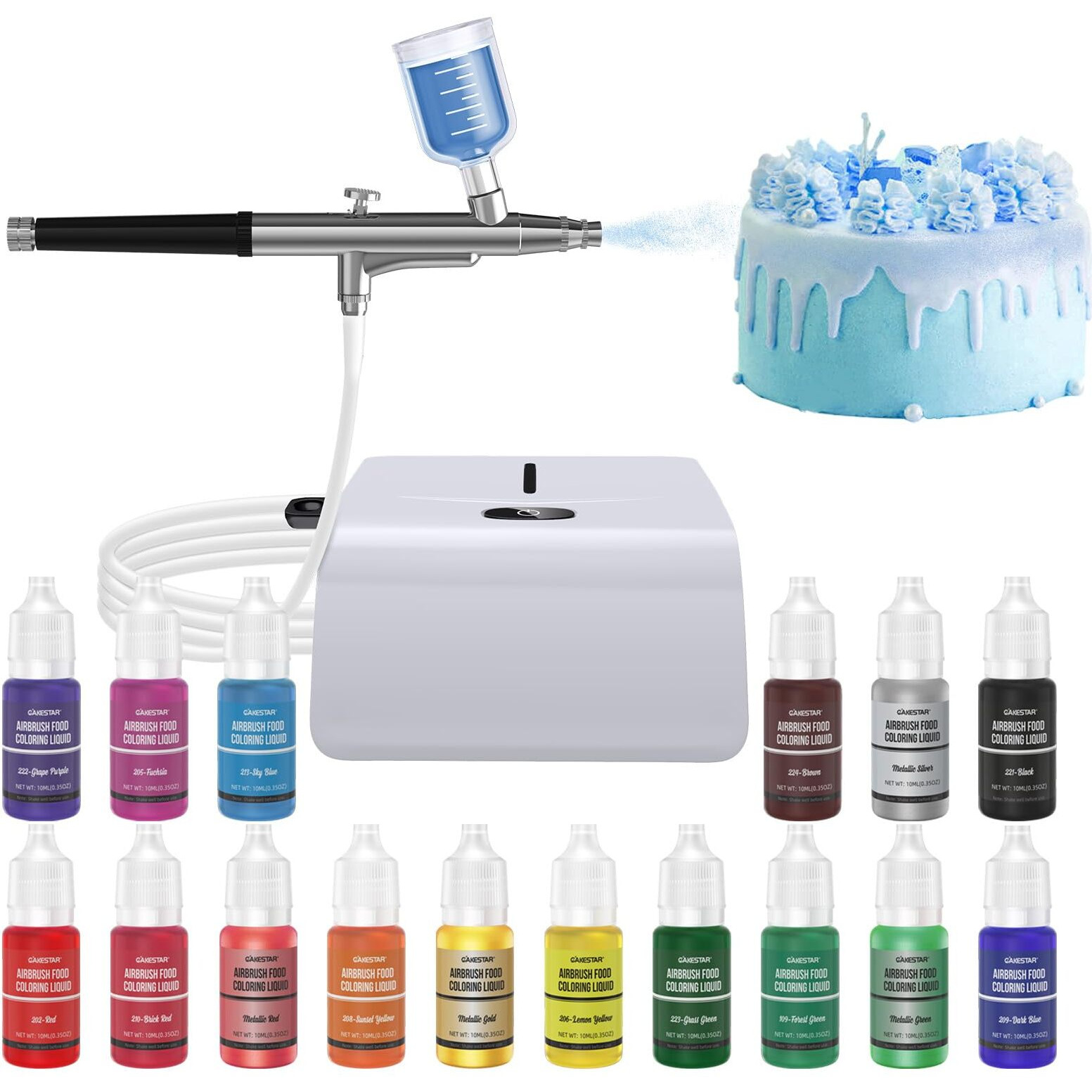 Cakestar Cake Airbrush Decorating Kit With Compressor, Cookie Airbrush With 12 Food Coloring Liquids And 4 Metallic, Food Airbrush Set For Dessert, Cupcakes Decorating