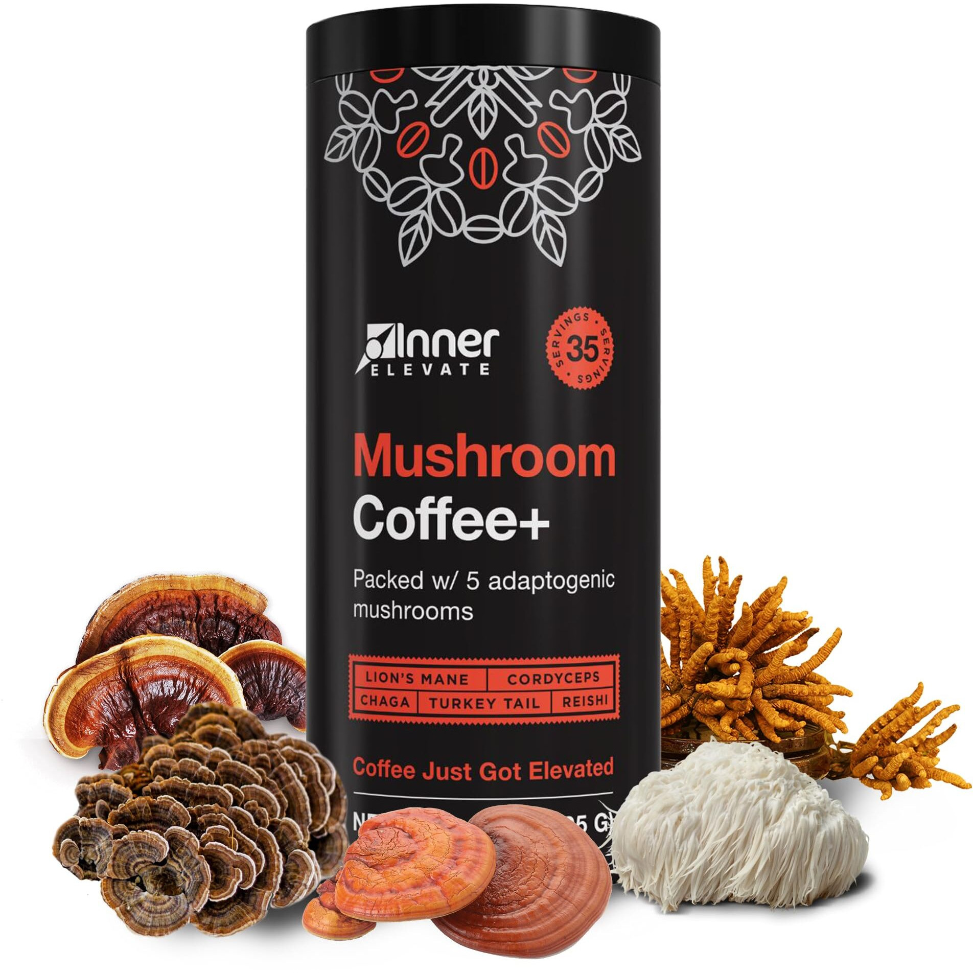 Mushroom Coffee With 5 Adaptogenic Mushrooms - Upgraded Coffee Alternative With Half Caffeine - Arabica Coffee With Lion's Mane, Cordyceps, Chaga, Reishi, Turkey Tail, And L-Theanine (35 Servings)