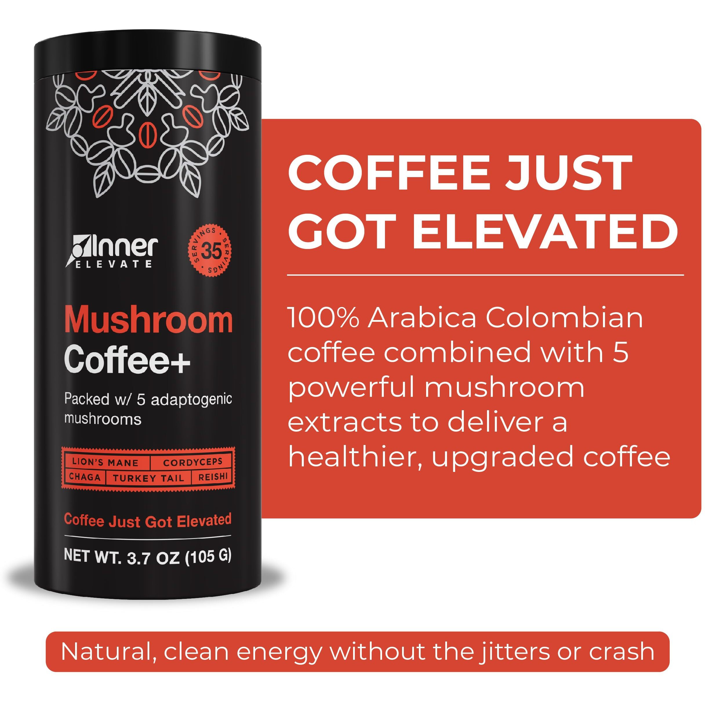 Mushroom Coffee With 5 Adaptogenic Mushrooms - Upgraded Coffee Alternative With Half Caffeine - Arabica Coffee With Lion's Mane, Cordyceps, Chaga, Reishi, Turkey Tail, And L-Theanine (35 Servings)