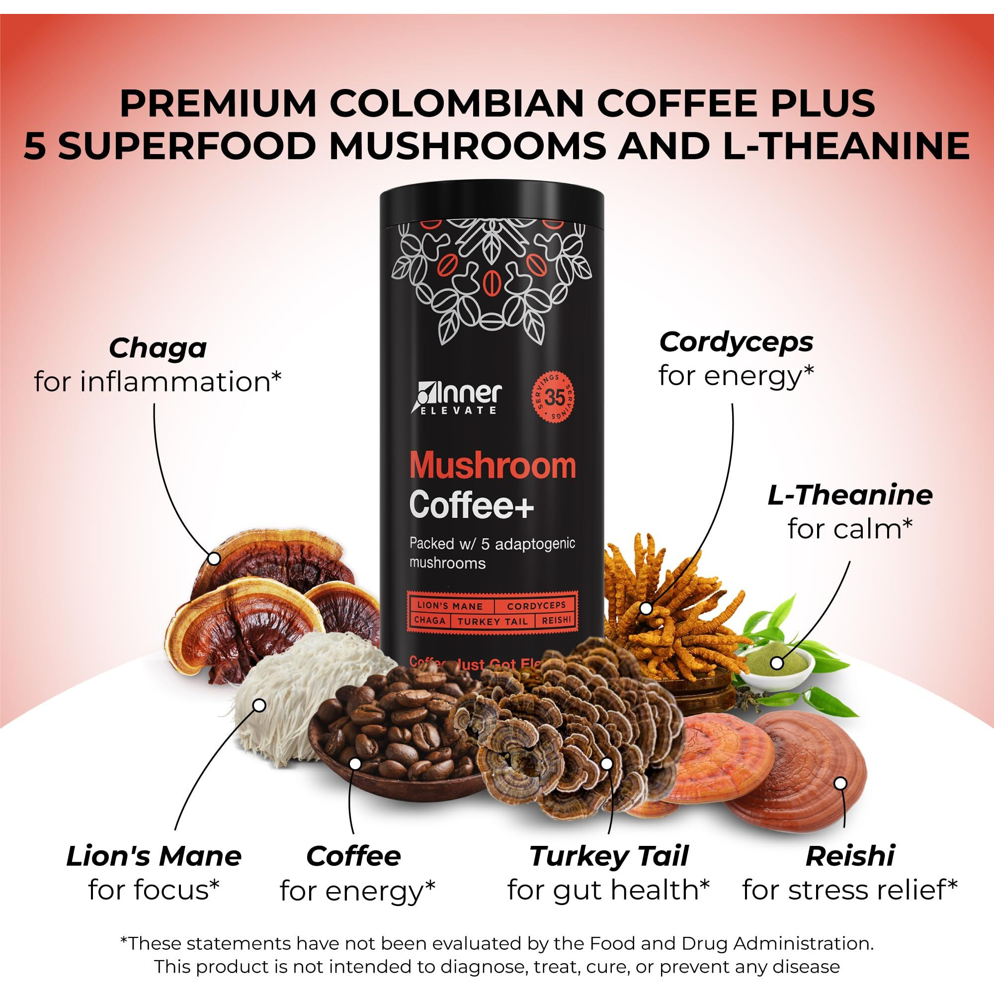 Mushroom Coffee With 5 Adaptogenic Mushrooms - Upgraded Coffee Alternative With Half Caffeine - Arabica Coffee With Lion's Mane, Cordyceps, Chaga, Reishi, Turkey Tail, And L-Theanine (35 Servings)