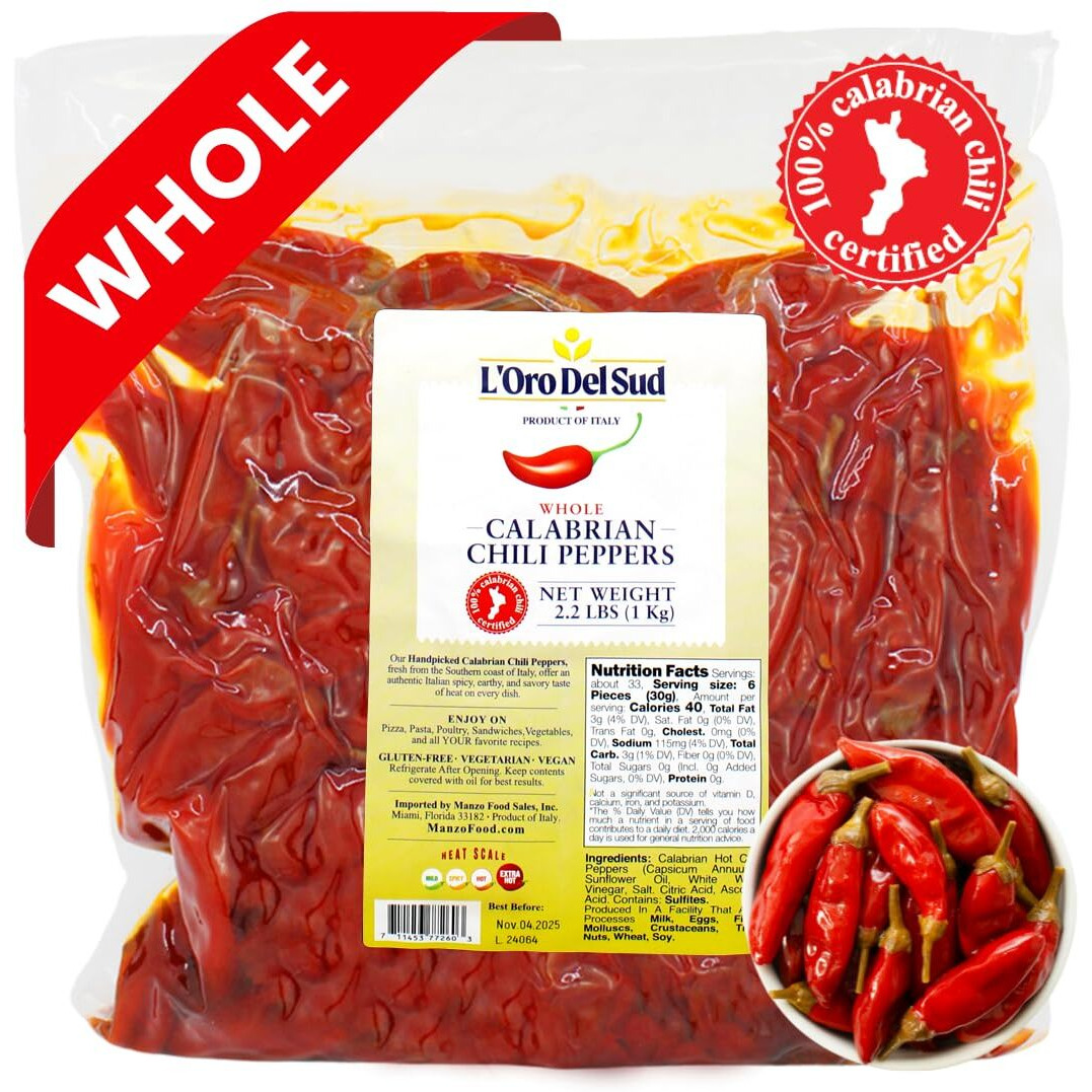 Whole Calabrian Chili Peppers In Oil, 2.2 Lb / 1 Kg (900 Gr Drained), 100% Certified Authentic, Cryovac, Authentic Chilies From Calabria, Spicy And Savory Taste, Product Of Italy, Bulk, Foodservice, Resturant Size, L'Oro Del Sud