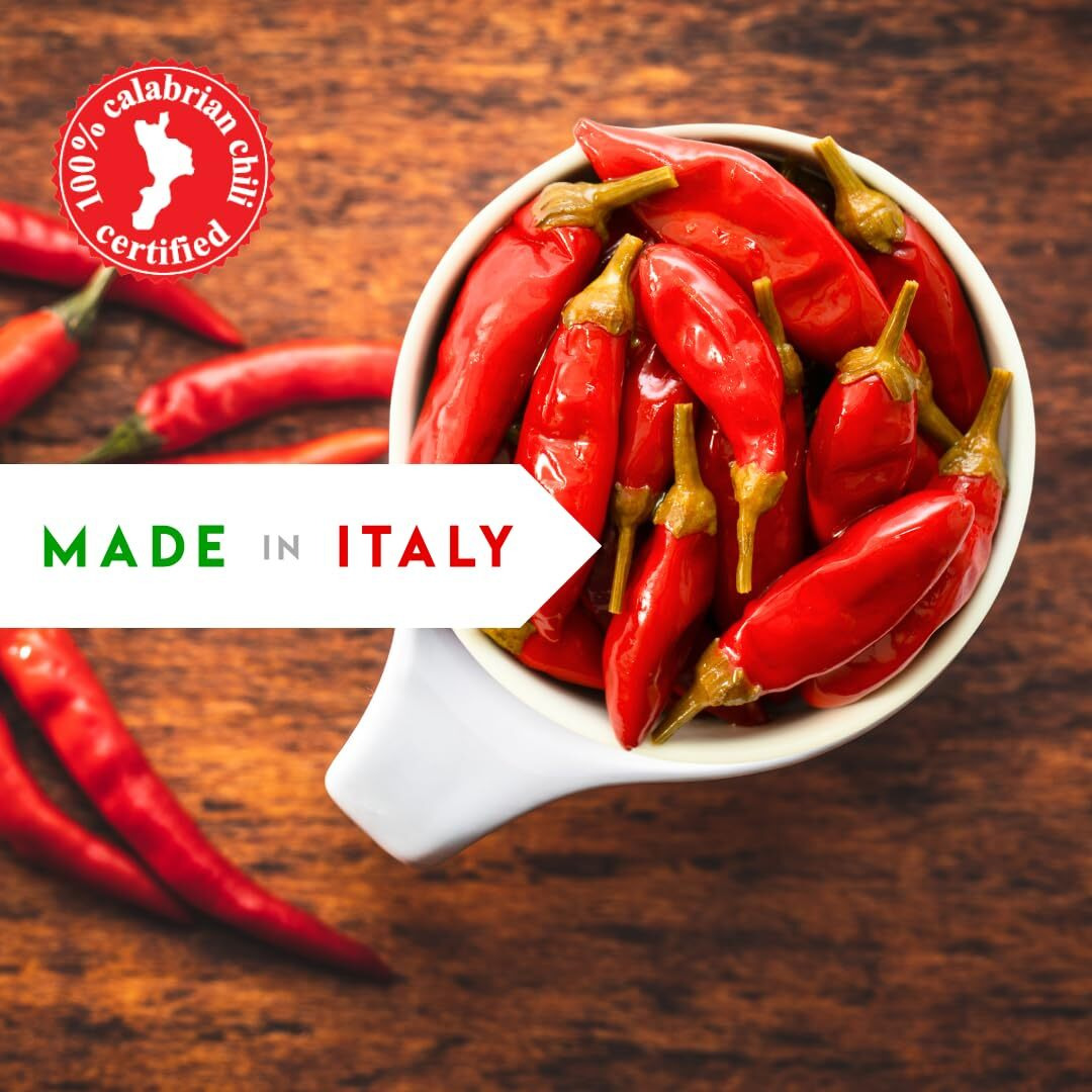 Whole Calabrian Chili Peppers In Oil, 2.2 Lb / 1 Kg (900 Gr Drained), 100% Certified Authentic, Cryovac, Authentic Chilies From Calabria, Spicy And Savory Taste, Product Of Italy, Bulk, Foodservice, Resturant Size, L'Oro Del Sud
