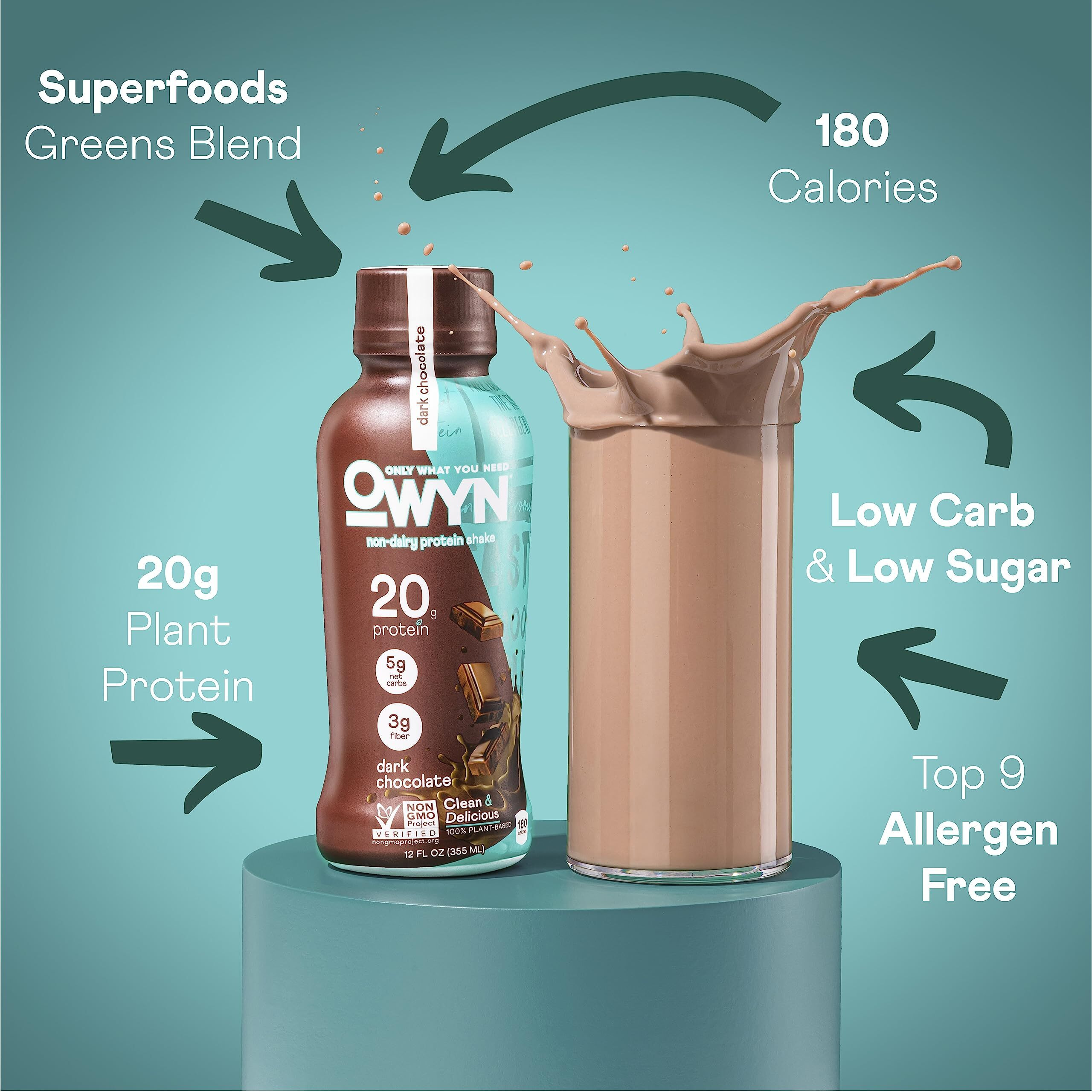 Owyn Plant Based Protein Shake From Organic Pumpkin Seed, Flax, Pea Blend, Prebiotic Supplement, Superfood Greens, All-In-One Nutrition, 20G Vegan Gluten & Soy-Free (Dark Chocolate, 12 Pack)