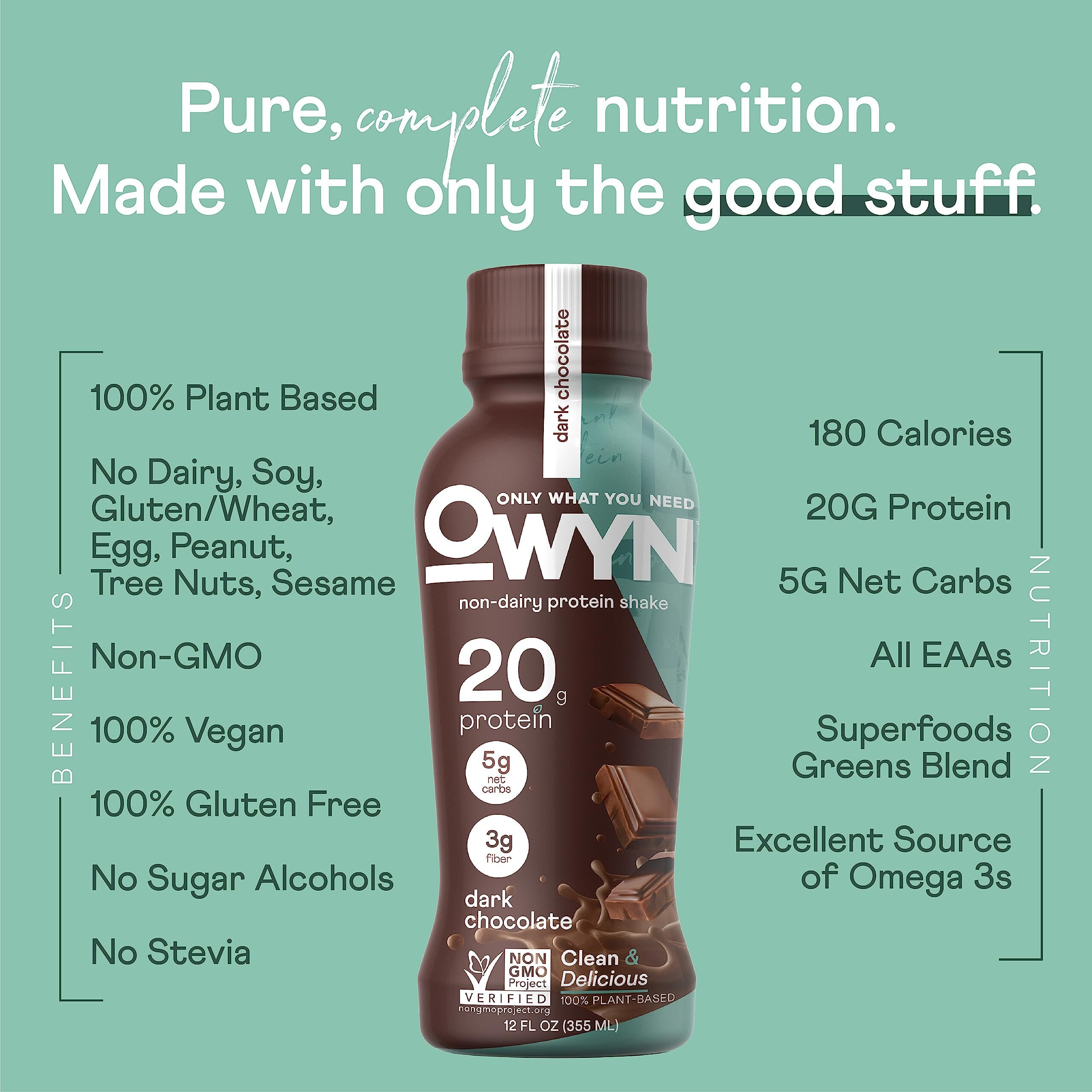 Owyn Plant Based Protein Shake From Organic Pumpkin Seed, Flax, Pea Blend, Prebiotic Supplement, Superfood Greens, All-In-One Nutrition, 20G Vegan Gluten & Soy-Free (Dark Chocolate, 12 Pack)