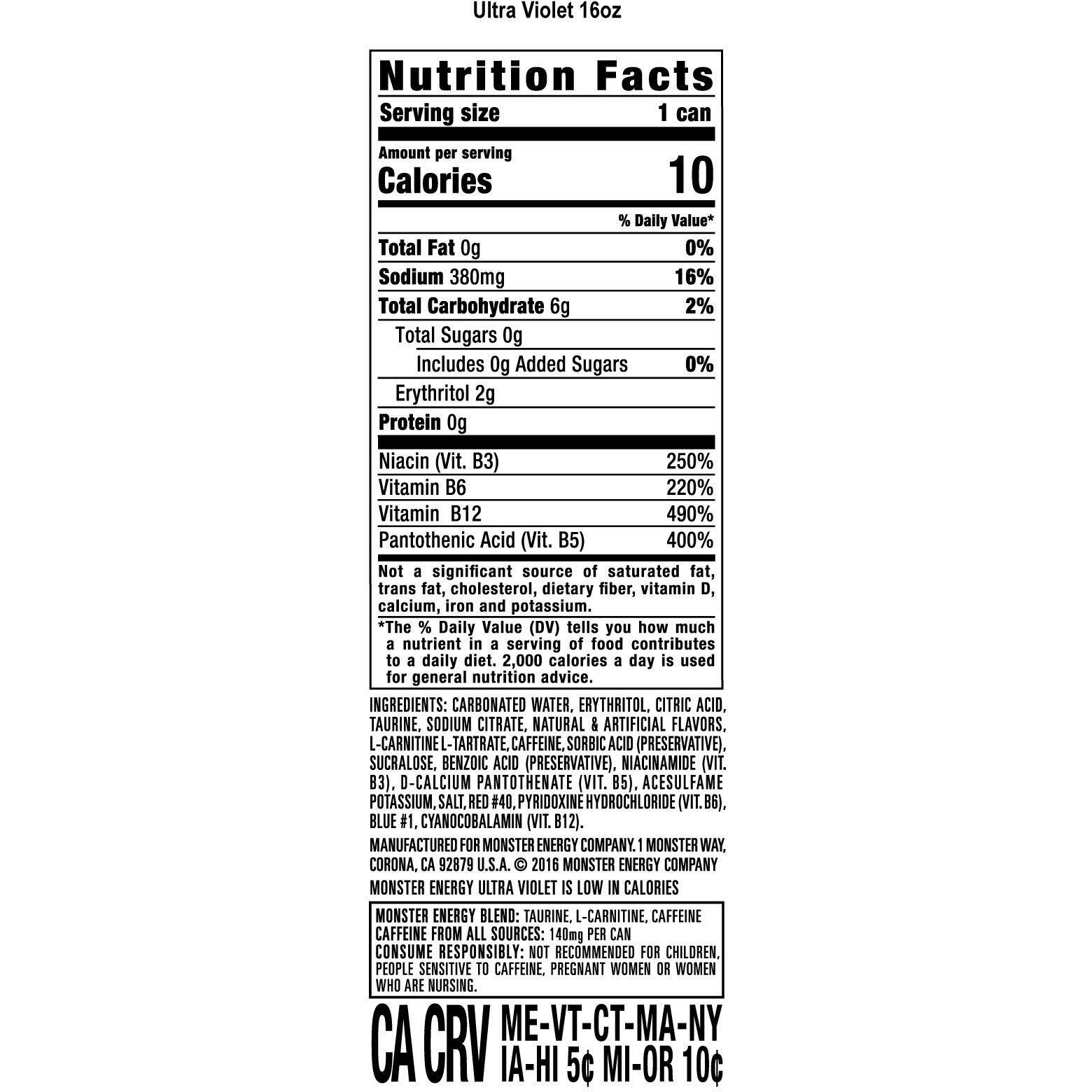 Monster Energy Ultra Violet, Sugar Free Energy Drink, 16 Ounce (Pack Of 15)