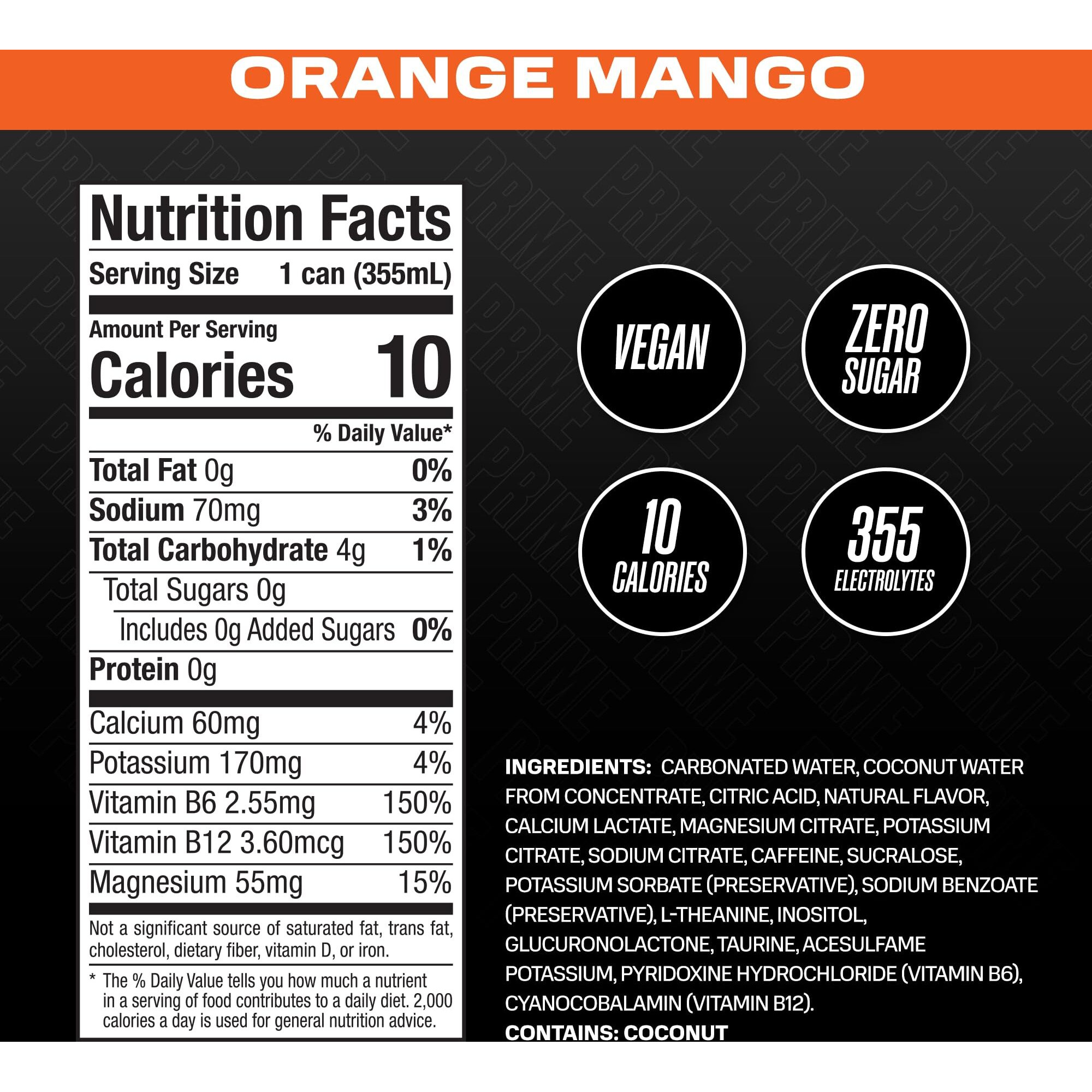 Prime Energy Orange Mango | Zero Sugar Energy Drink | Preworkout Energy | 200Mg Caffeine With 355Mg Of Electrolytes And Coconut Water For Hydration| Vegan | Gluten Free |12 Fluid Ounce | 24 Pack