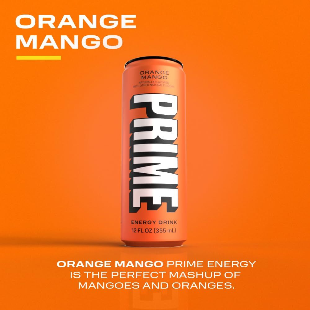 Prime Energy Orange Mango | Zero Sugar Energy Drink | Preworkout Energy | 200Mg Caffeine With 355Mg Of Electrolytes And Coconut Water For Hydration| Vegan | Gluten Free |12 Fluid Ounce | 24 Pack