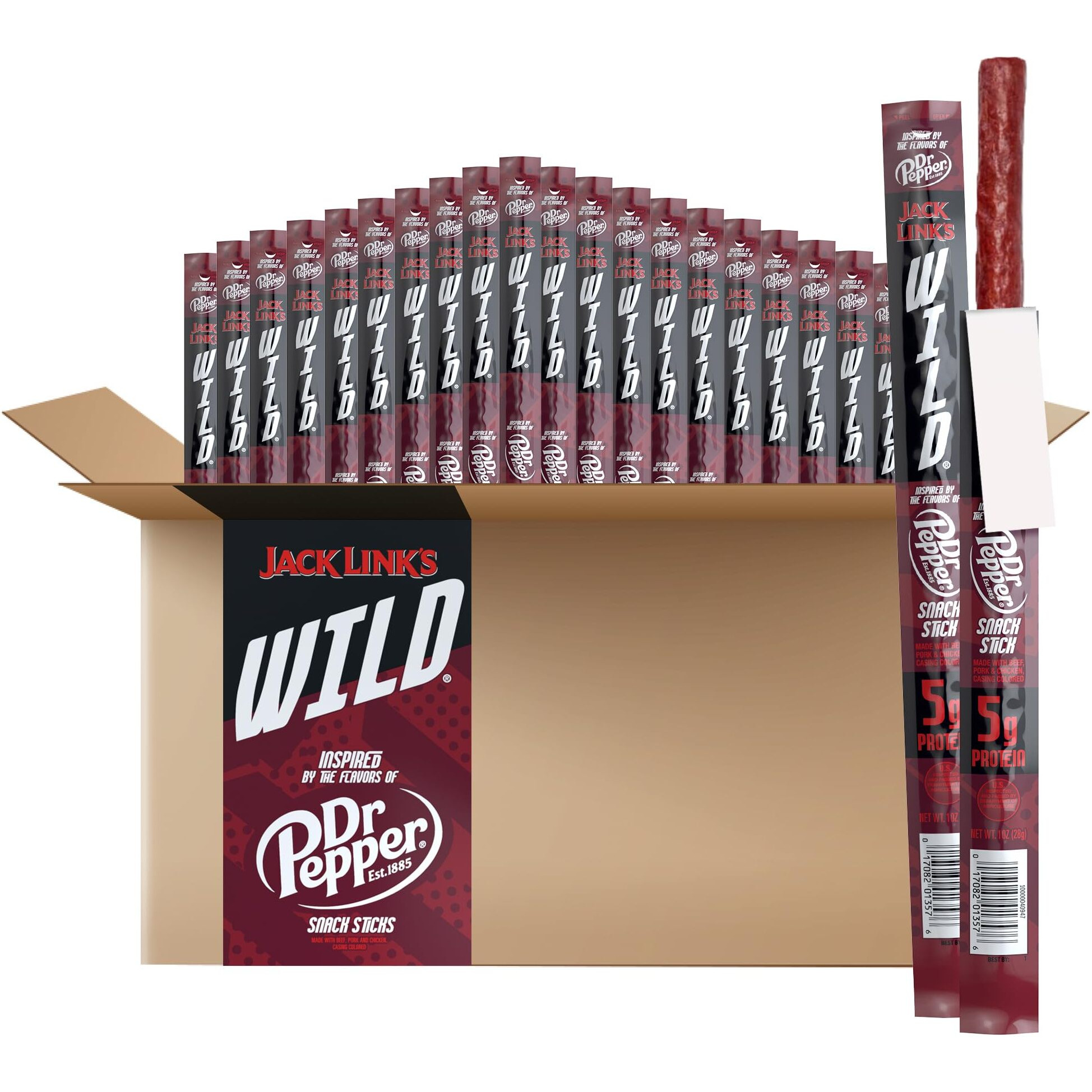 Jack Link's Wild Snack Sticks - Dr. Pepper Inspired Flavors - Individually Wrapped Sticks With 5G Of Protein, Inspired By The Flavors Of Dr. Pepper - 1 Oz. (20 Count)
