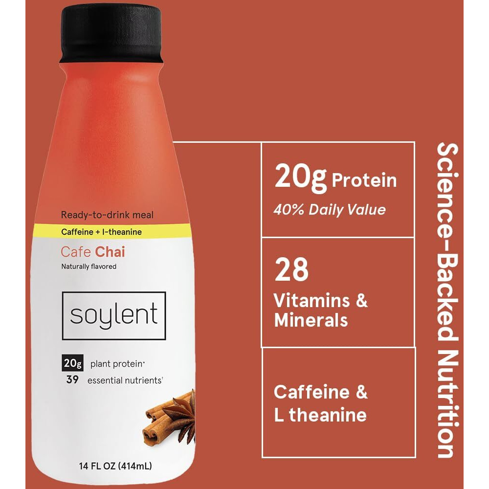 Soylent Complete Nutrition Gluten-Free Vegan Protein Meal Replacement Shake, Cafe Chai, 14 Oz, 12 Pack