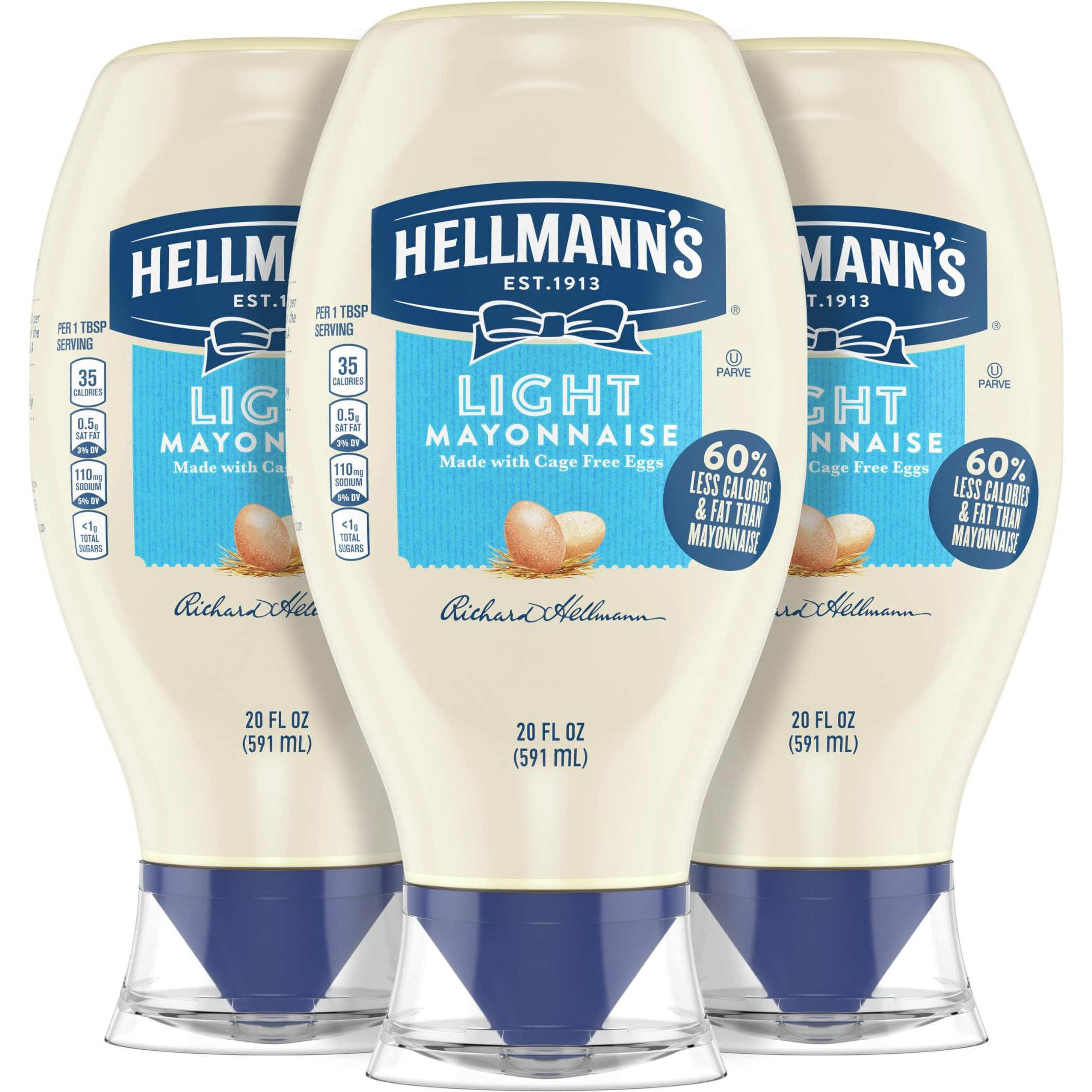 Hellmann's Light Mayonnaise Light Mayo Squeeze Bottle Pack Of 3 For A Creamy Condiment For Sandwiches And Simple Meals Made With 100% Cage-Free Eggs 20 Oz