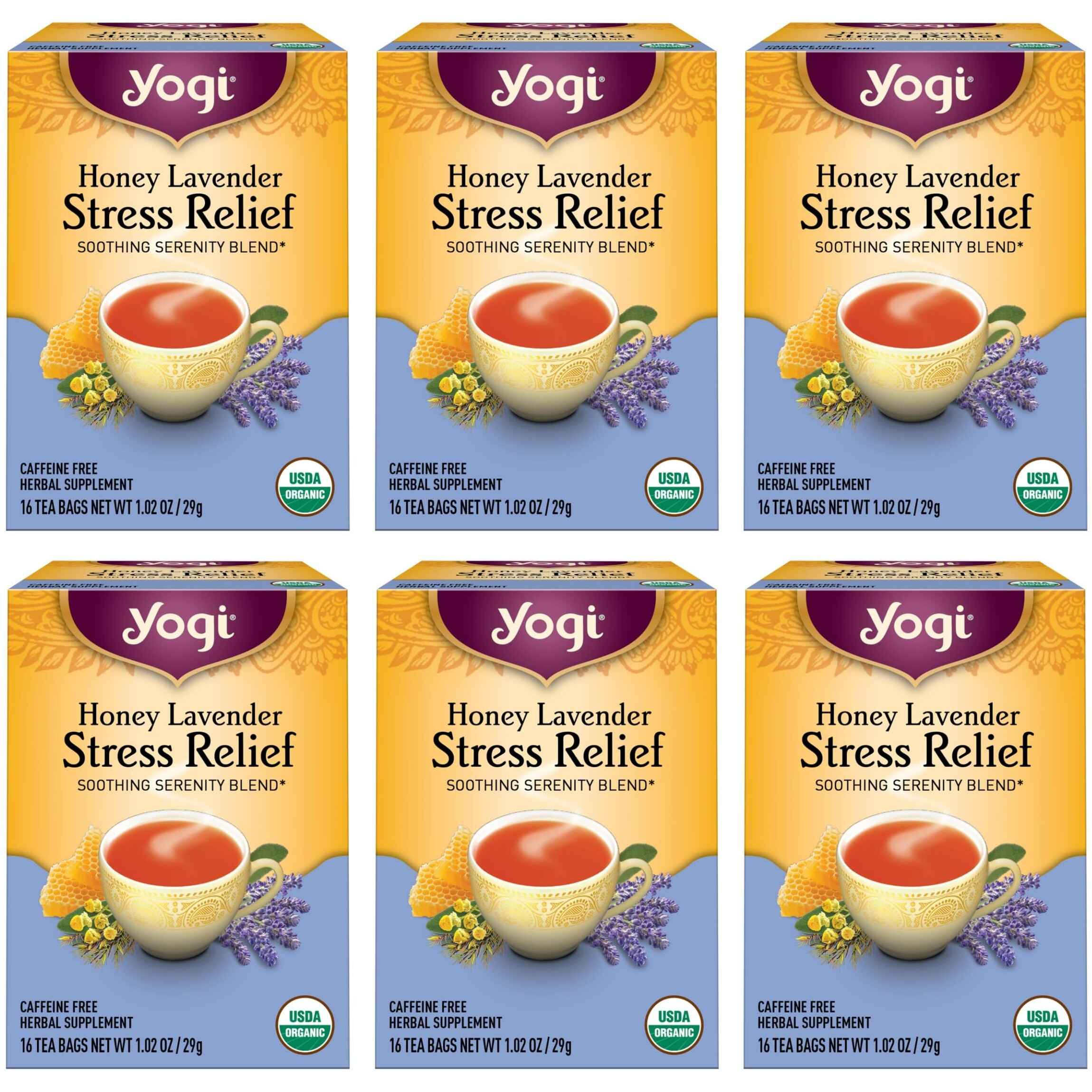 Yogi Tea Honey Lavender Stress Relief Tea - 16 Tea Bags Per Pack (6 Packs) - Organic Chamomile Lavender Tea - Includes Lemon Balm, Lemongrass, Spearmint Leaf, Peppermint Leaf, Honey Flavor & More