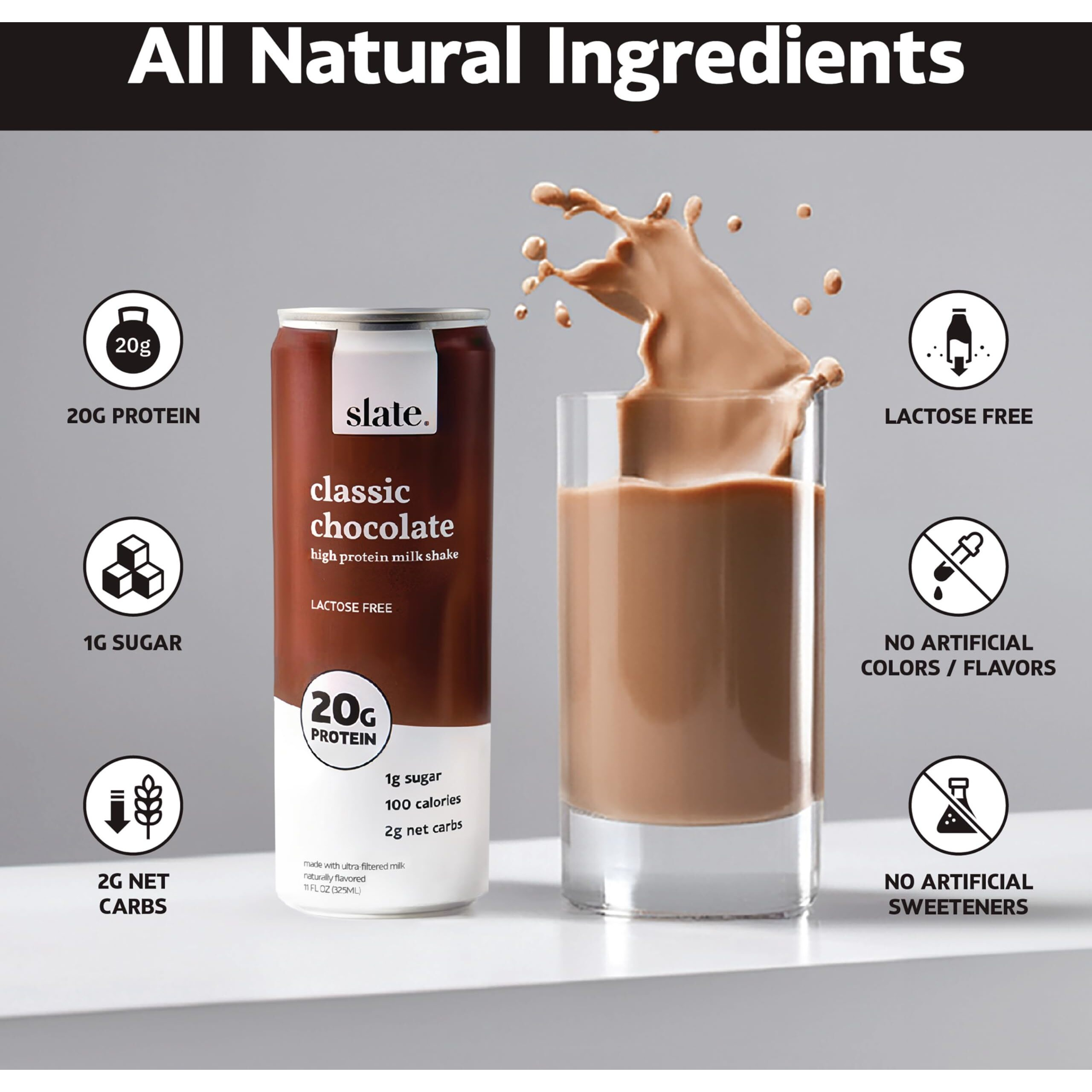 Slate Milk - High Protein Milk Shake - Classic Chocolate - Lactose Free, 20G Protein, 1G Sugar, 100 Calories, 2G Net Carbs, No Added Sugar - Natural, Breakfast Boost, Post Workout - 11 Fl Oz, 48 Cans