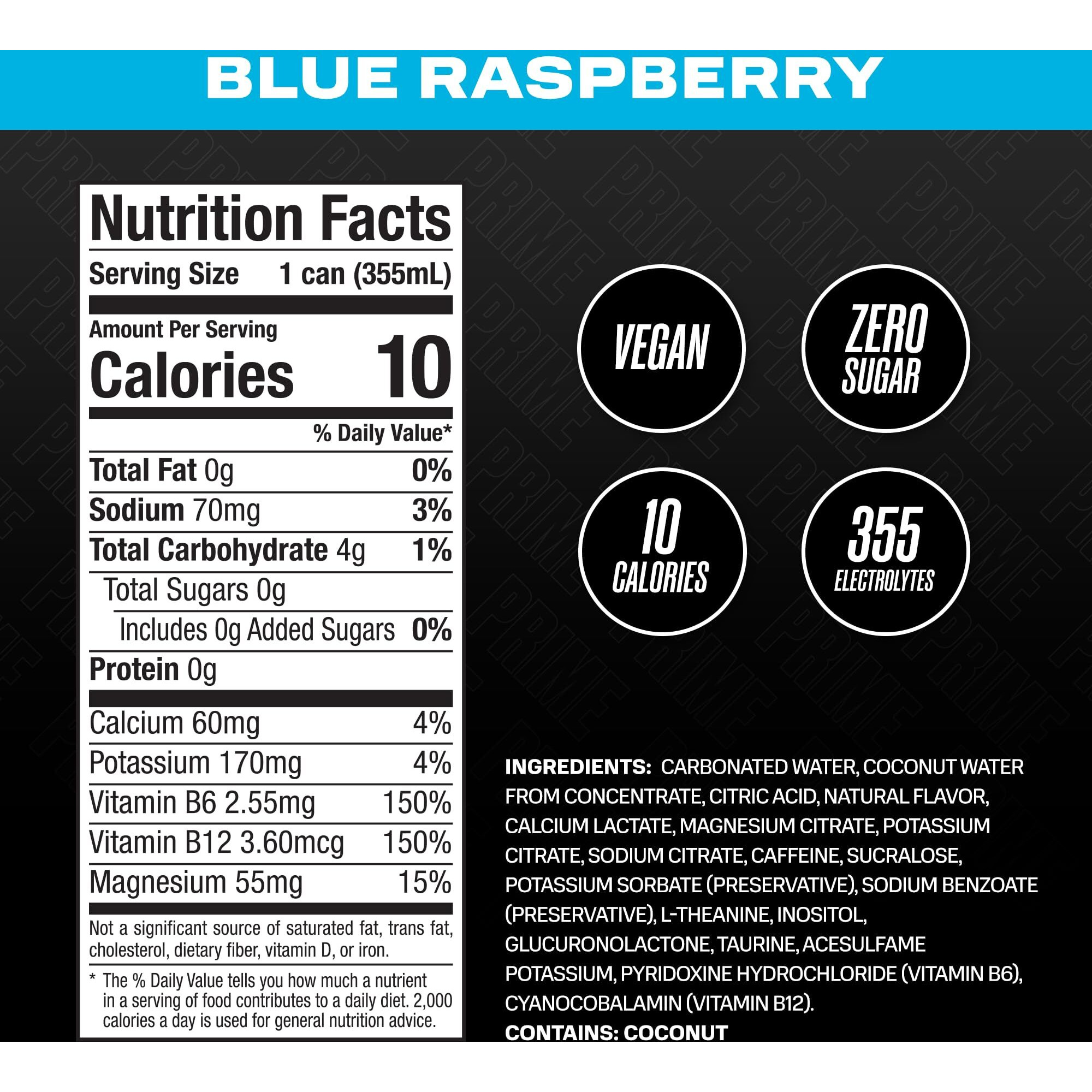 Prime Energy Blue Raspberry | Zero Sugar Energy Drink | Preworkout Energy | 200Mg Caffeine With 355Mg Of Electrolytes And Coconut Water For Hydration| Vegan | Gluten Free |12 Fluid Ounce | 12 Pack