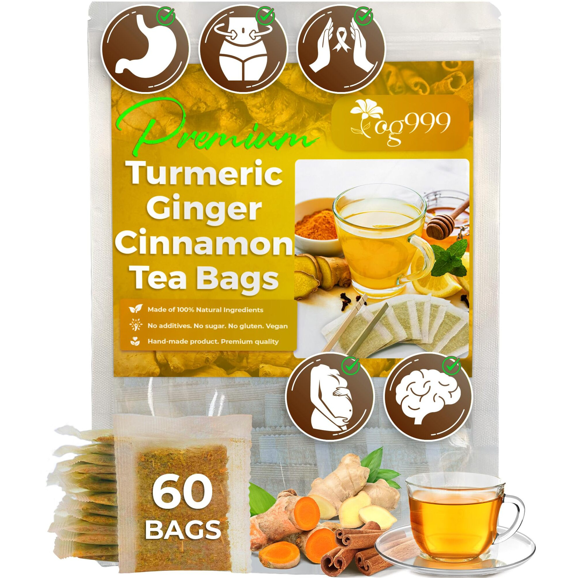 Tog999, 60 Tea Bags - Turmeric,Ginger,Cinnamon Tea,100% Natural,Hand-Made Blend Of Turmeric,Ginger,And Cinnamon. Eco-Conscious Bags. Turmeric Ginger Herbal Tea. No Sugar,No Caffeine,No Gluten,Vegan.